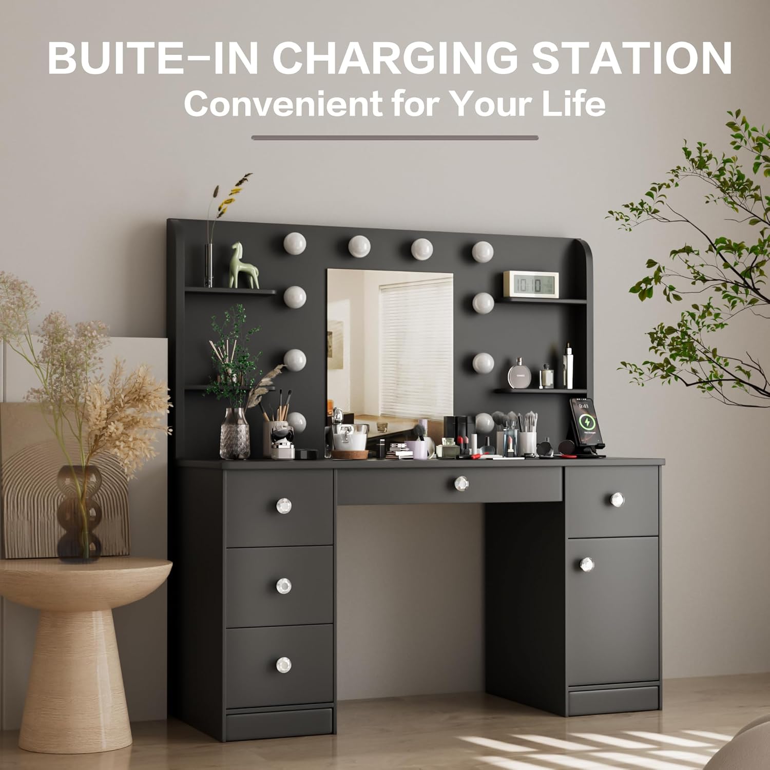 Vanity Desk, Makeup Vanity with Mirror and 3 Clolors Lights,Power Outlet Dressing Table with 5 Drawers and 6 Storage Shelves，for Bedroom Dressing Room (Black)