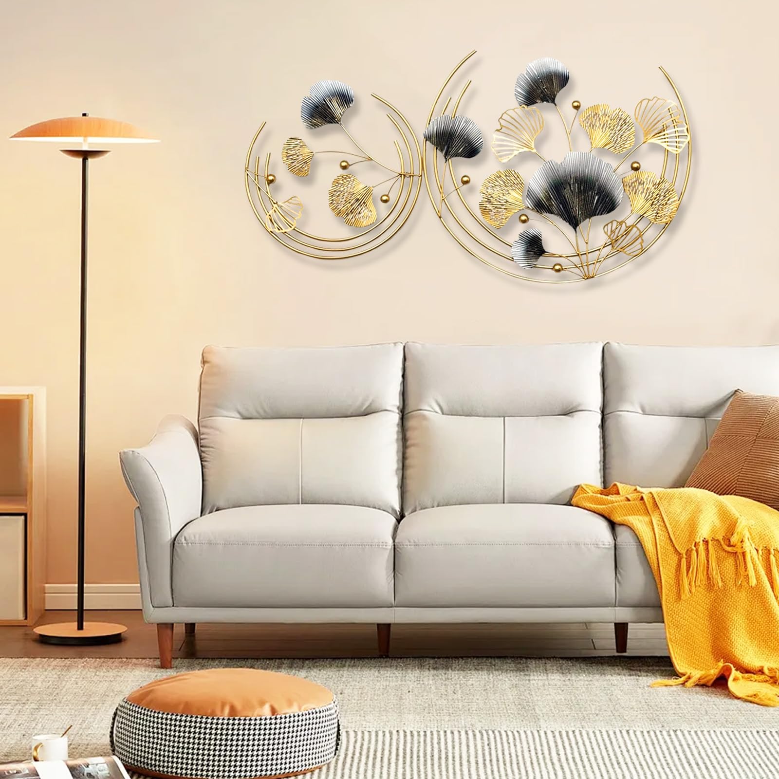 Aisny Décoration Murale Salon, 110 x 60cm, Art Mural Métal Forgé, Feuille Ginkgo, Sculptures Murales, Fond Canapé, Ornements Muraux, Bureau