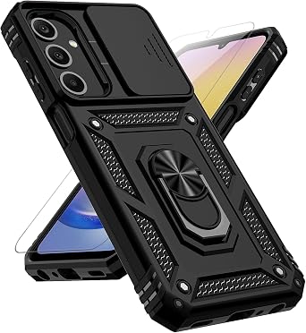for Samsung Galaxy A25 5G Case with Slide Camera Cover HD Screen Protector [Military Grade 16ft. Drop Tested] Magnetic Ring Holder Kickstand Protective Phone Case for Galaxy A25 5G 2024, Black