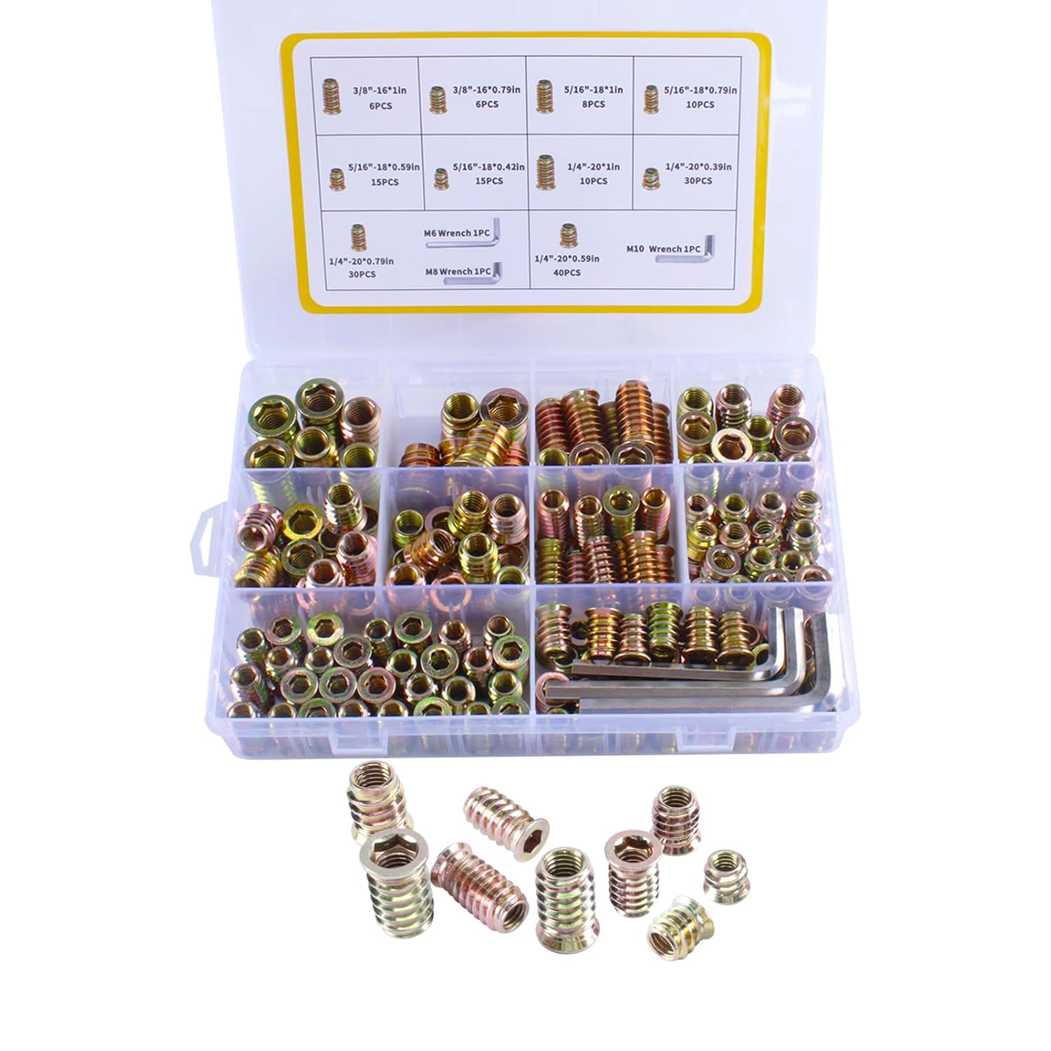 170 PCS Threaded Inserts for Wood Assortment Kit - 10 Sizes (1/4"-20, 5/16"-18, 3/8"-16) with M6/M8/M10 Hex Wrenches - Steel Inserts for Furniture Screws, Wood Furniture & Cabinet