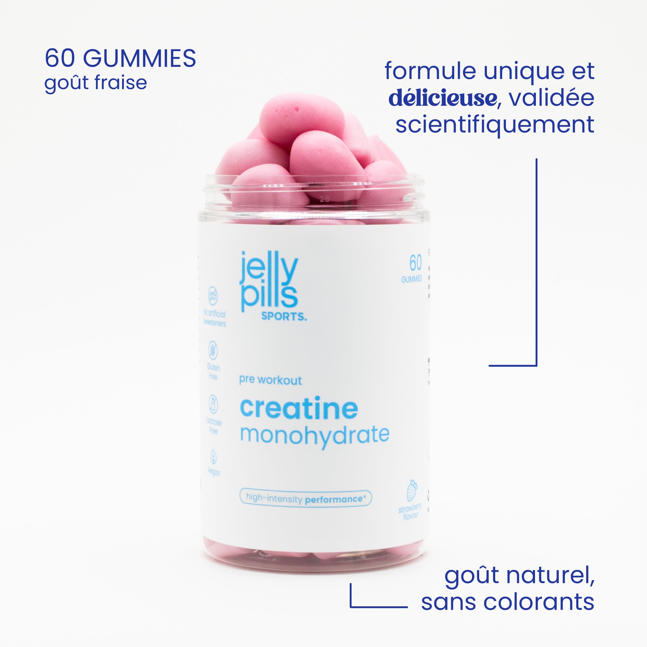 Gummies Créatine Monohydrate pure – 1,5 g par Gummy – 60 Gummies véganes – Pré-Entraînement Force, Performance Physique et Mentale – Renforcement Cognitif – Goût Fraise – Jelly Pills Sports – 1 mois