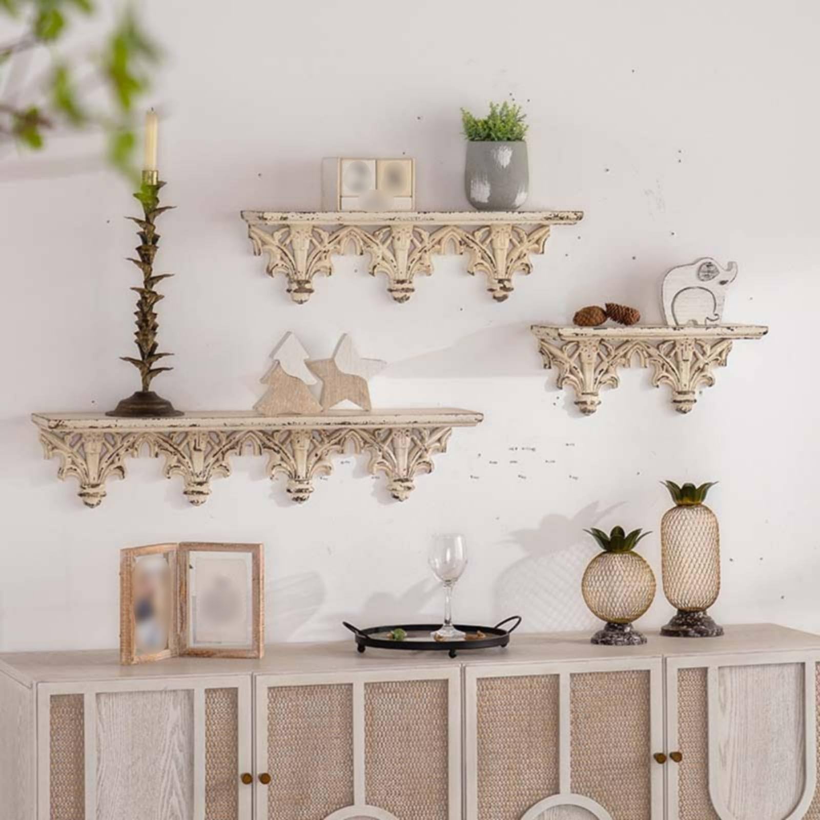 Mensola Stile Francese Mensola da Parete Scaffale Ripiano Console Vintage con Dettagli Scolpiti E Aspetto Invecchiato Materiale Magnesite E Legno per, Grande