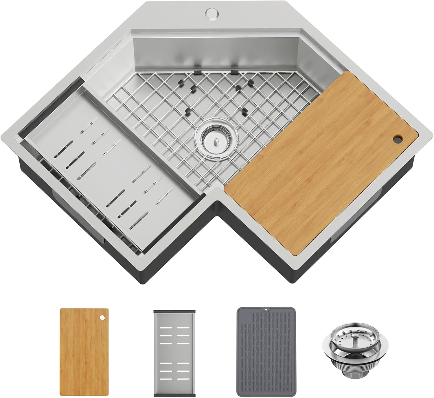 30In Corner Drop-In Kitchen Sink Workstation,Stainless Steel,Single Bowl | Topmount Kitchen Sink With Cutting Board, SS Grid,Silicon Mat,Colander Nice Solution For Small Kitchen And Bar Corner