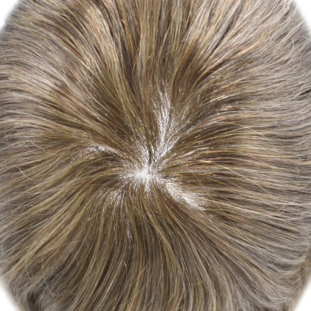 Toupee for Men Hair System Replacement Mens Human Hair Piece Fine Mono Mens Toupee Clear Poly Skin Around Hairpiece Monofilament Wig 6"X8" #17 Dark Ash Blonde-120% Medium Light to Medium Density