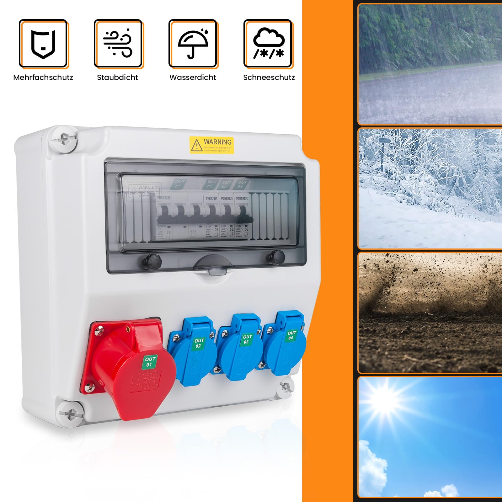 Distributore di corrente da cantiere con presa CEE da 16 A, distributore da parete, IP44, per cantieri e officine, con 3 x 16 A 1P LS + 1 x 16 A 3P LS (3 x 16 A 1P LS + 1 x 16 A 3P LS)