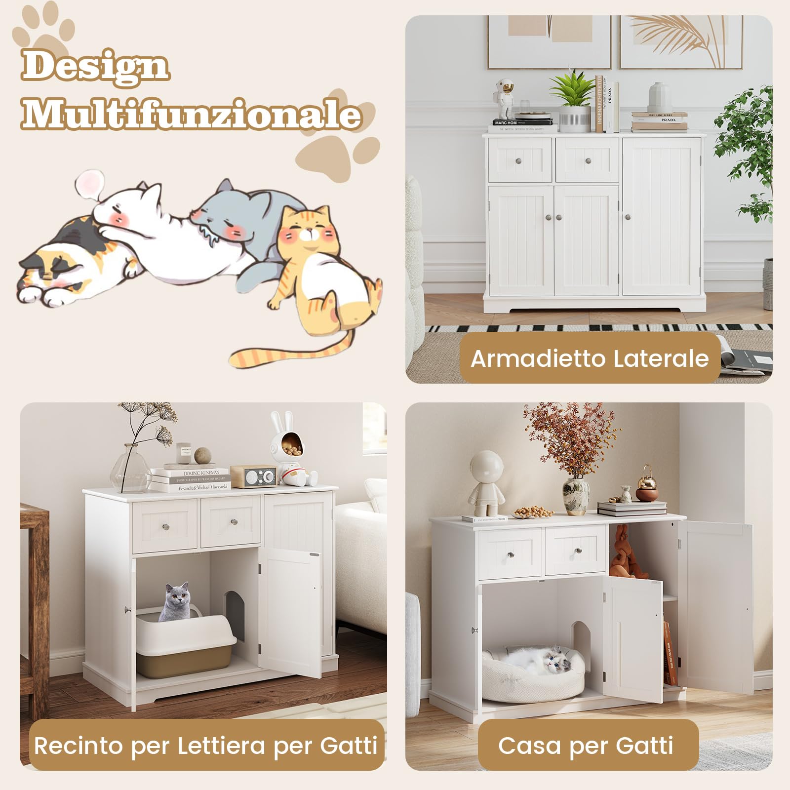 COSTWAY Lettiera Nascosto per Gatti con 2 Cassetti e 3 Porte, Bianco | Mobile Laterale per Gatti con Dispositivi Anti-Ribaltamento e Armadio Moderno per Animali Domestici