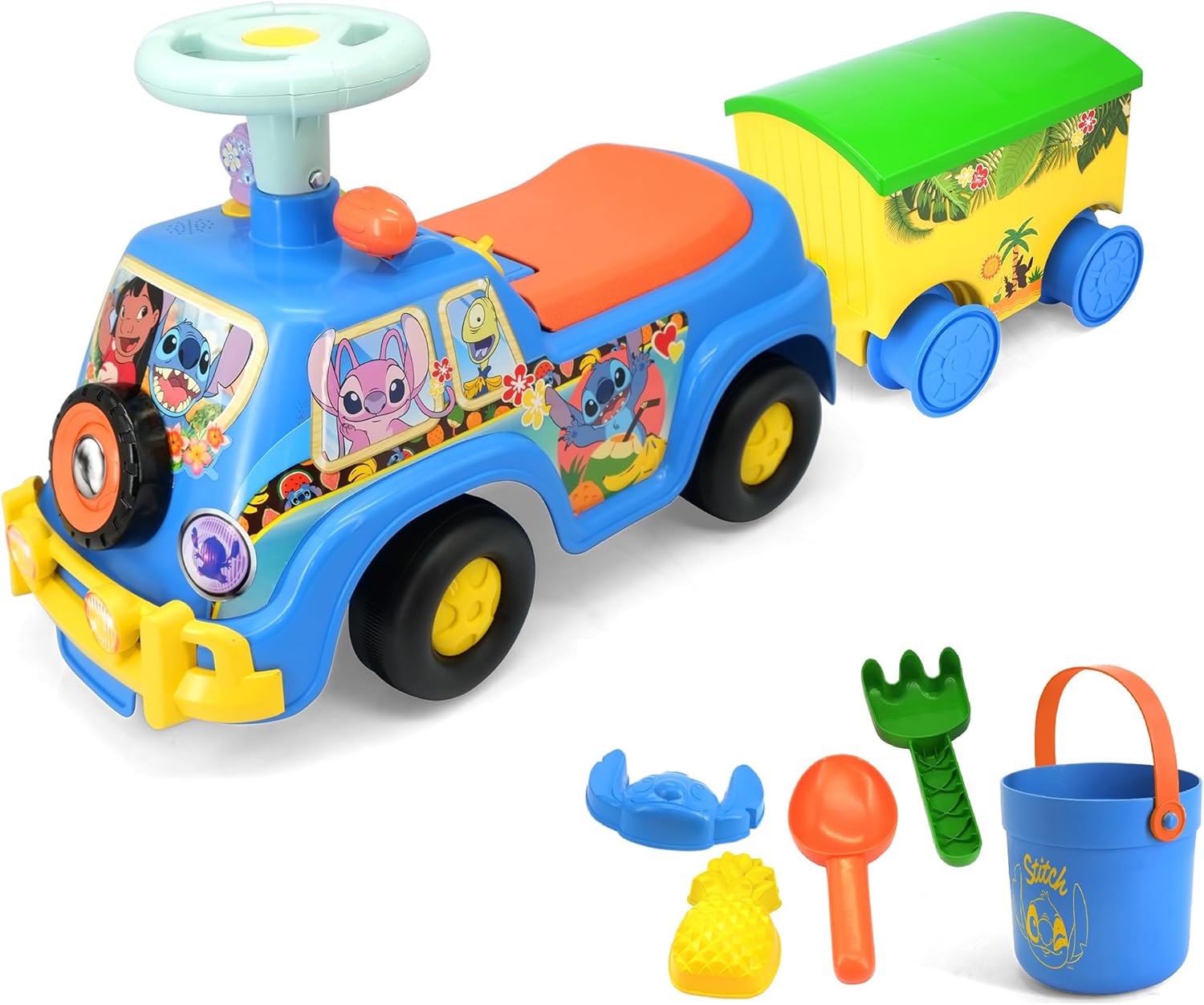 Kiddieland Stitch Lights & Sounds Foot-to-Floor Ride-On with Trailer, Interactive Dashboard, Beach Accessories, Storage Seat, for Toddlers 12–36 Months