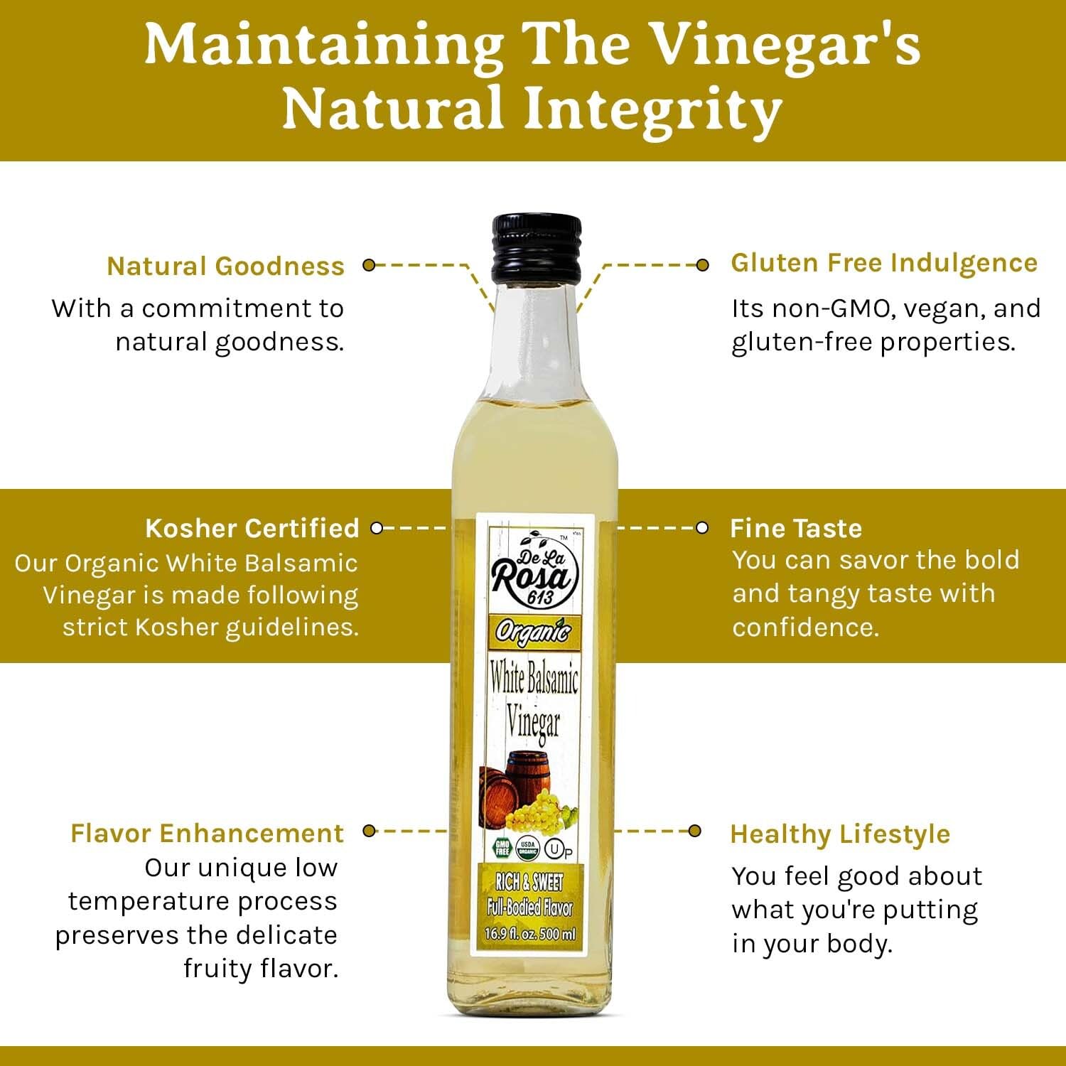 De La Rosa Organic White Balsamic Vinegar, Aged in Spanish Wood Barrels, Kosher for Passover, Vegan & Gluten-Free, Great for Salad Dressing, Marinades, Organic Balsamic Vinegar 16.9 Oz (Pack of 2)
