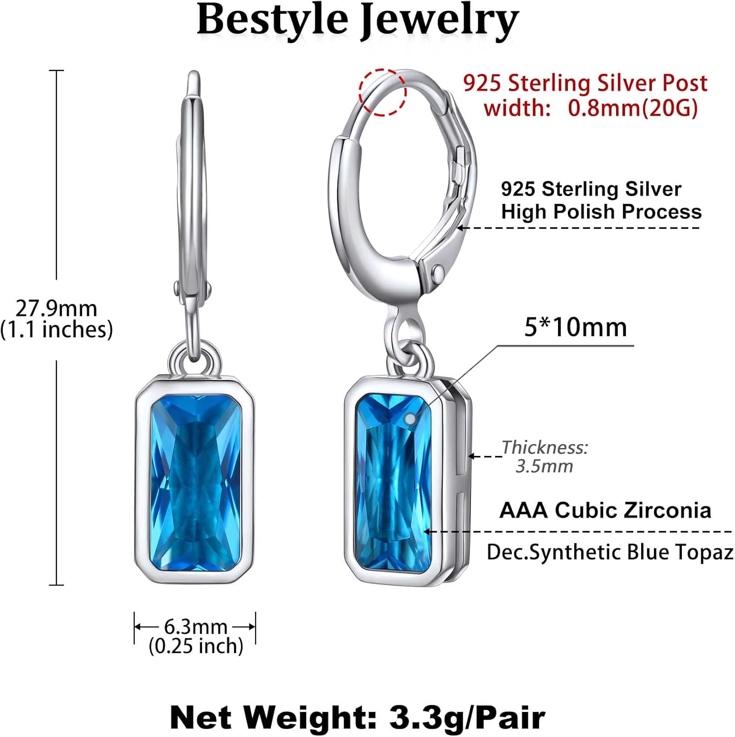 Bestyle Sterling Silver Small Dainty Birthstone Drop Earrings for Women with Rectangular Baguette Crystal & Huggie Hoop Silver Dangle Earring for Wedding Birthday Everyday Wear - Image 6