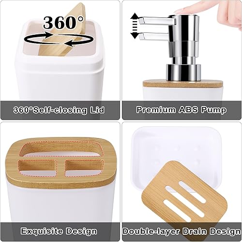 Miniatura 3 de Juego de 9 accesorios de baño, color blanco, cubo de basura, soporte y recipiente para cepillos de dientes, dispensador de jabón, bandeja de