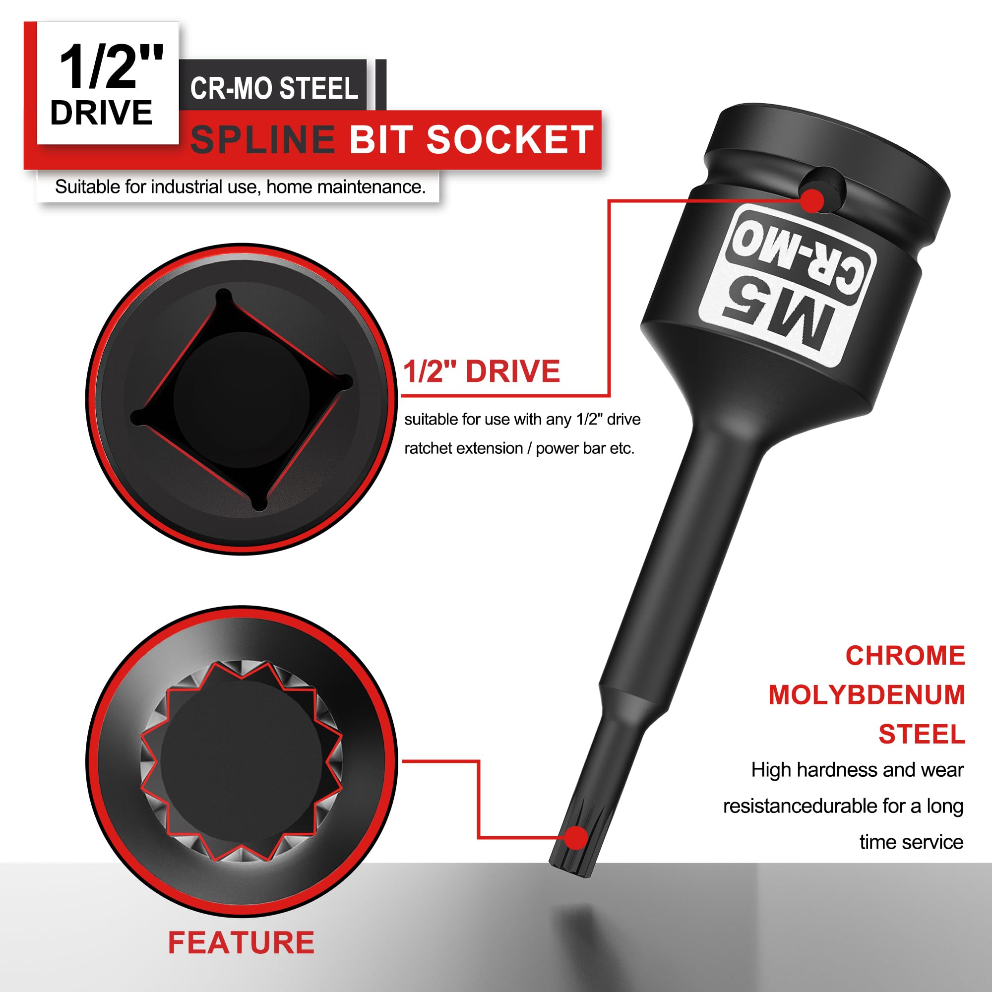 KIRXST Impact Triple Square Spline Bit Socket, 1/2" Drive M5 Spline Bit Socket, CR-MO Steel, 1/2" M5 Deep - Image 3
