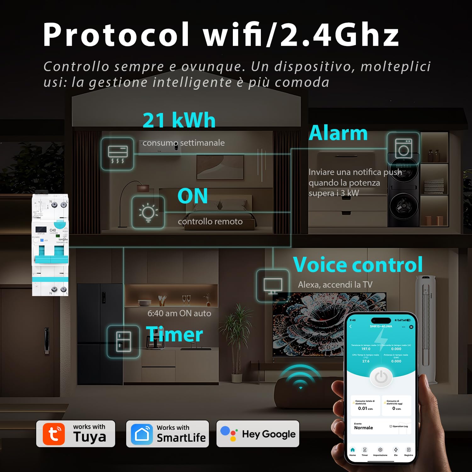Interruttore Differenziale Wi-Fi Tuya "Smart RCBO" Reset Automatico Disconnessione in Intensità 1-40A, Corrente di Perdita 30-100mA, Sovra/Sottotensione, Temperatura, Sovrappotenza Misurazione 2025