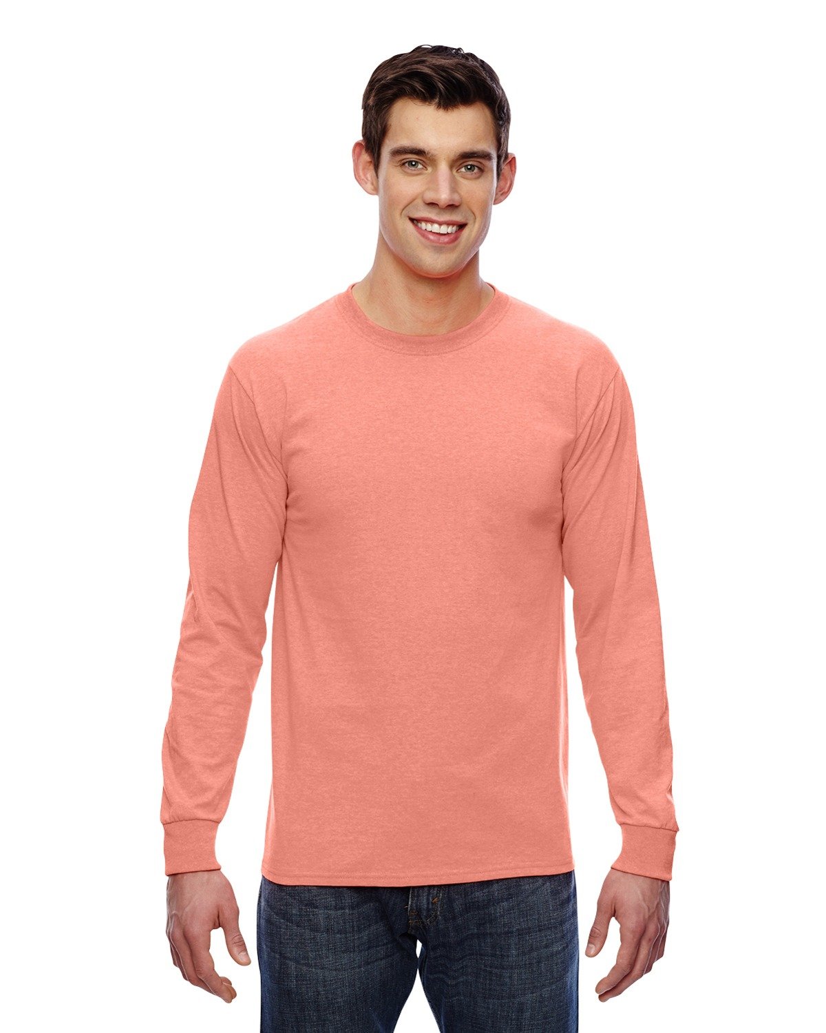 Fruit Of The Loom Men's Retro Heather Coral Adult Hd Cotton Long Sleeve Crew T-Shirt, M