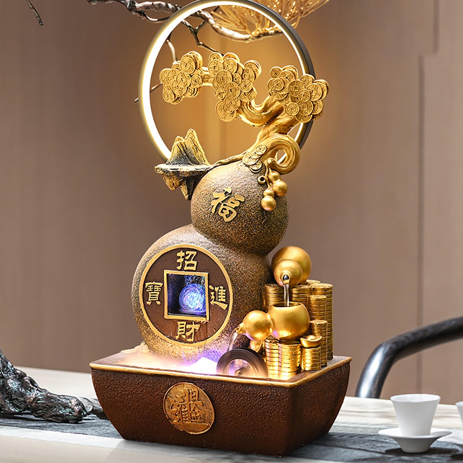 Fontaine à Eau Feng Shui avec Arbre à Monnaie et Roue à Eau – Élégante Fontaine Interieur pour Salon, Bureau et Cadeau