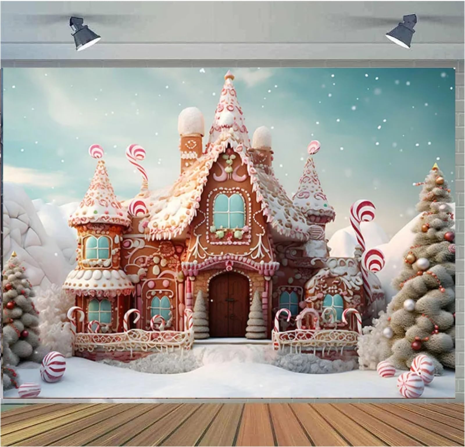 7x5 Feet Photography Background - Winter Gingerbread House Lollipop Christmas Tree Kids Family Portrait Decoration Background
