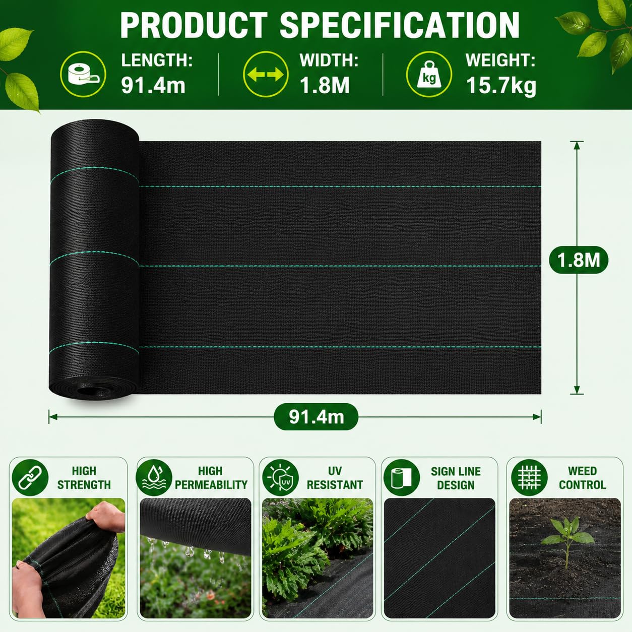 Telo anti-erbacce, 1,83 m x 91,4 m, senza sostanze chimiche, traspirante, permeabile all'acqua, per giardino, vialetto, paesaggistica