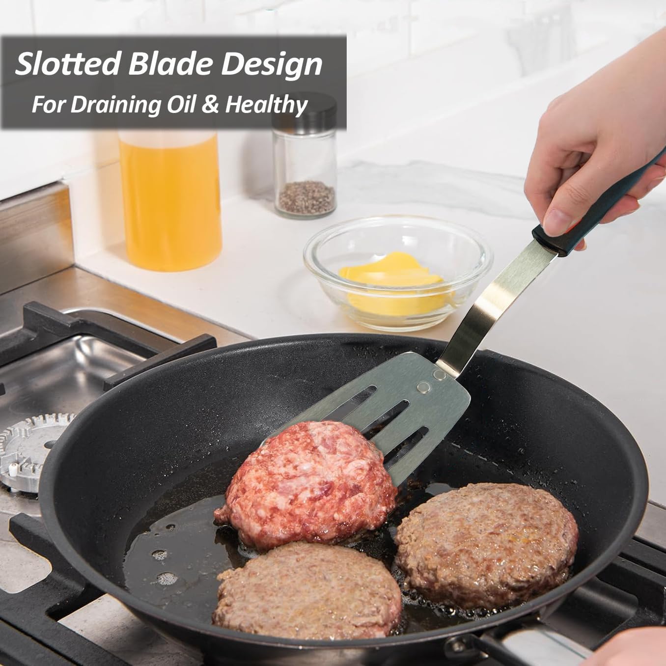 Edelstahlspatel, flexibler Metall-Pfannenwender mit Schlitzen für Gusseisen-Bratpfanne, dünne Klinge und hitzebeständiger Silikongriff, ideal für Eier, Kekse, Fleisch, Crep, groß