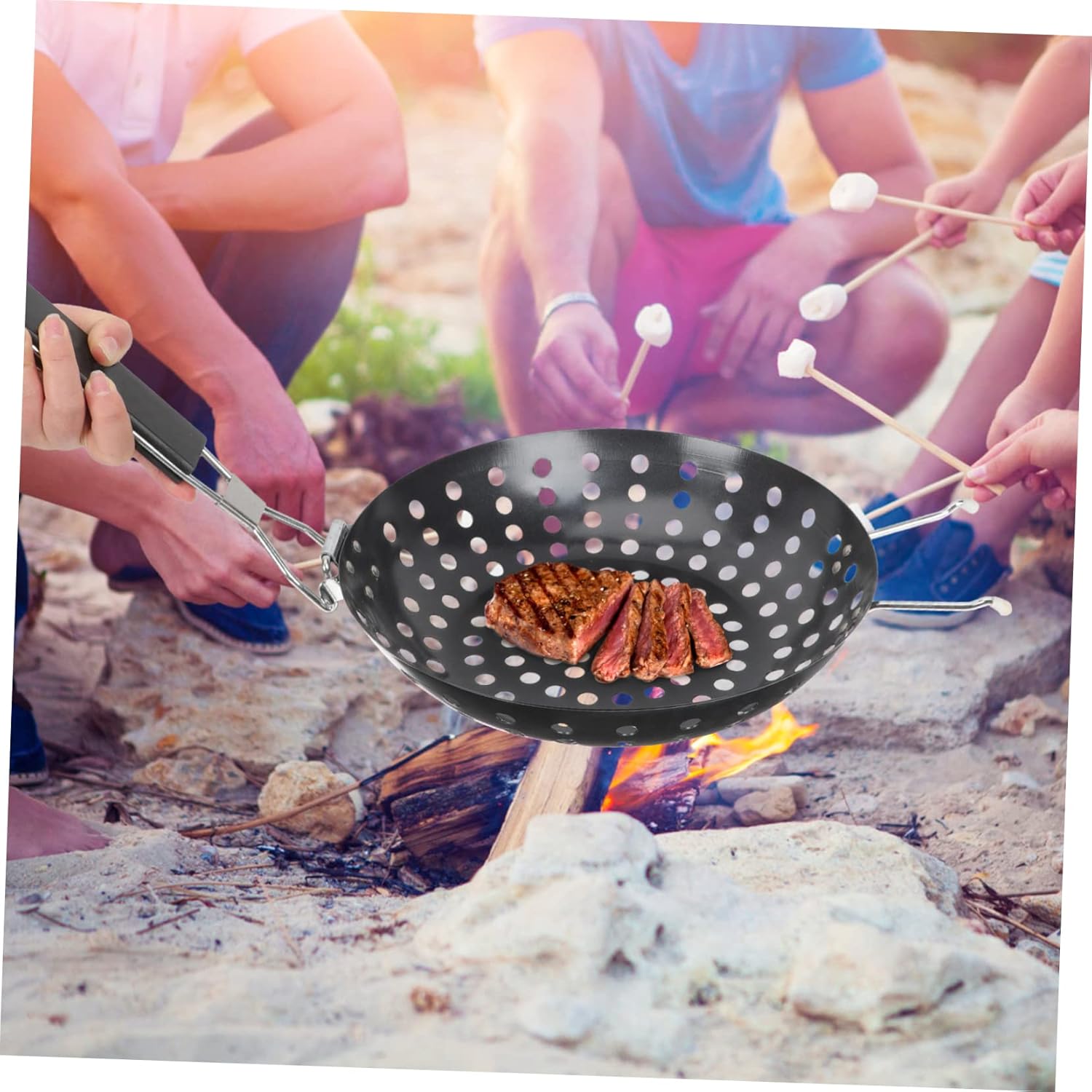 Mipcase Nonstick Grill Pan with Holes for Outdoor Cooking Foldable Handle BBQ Tray for Vegetables and Seafood Multi-Function Metal Grilling Tray Reusable Picnic Grill Supplies
