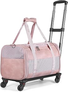 Airline Approved Pet Carrier with Wheels, Rolling Soft Sided Dog Cat Travel Bag, Premium Fashion Leather Small Pet Carrier Purse for Puppies and Cats Pink