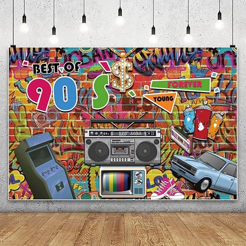Miniatura 3 de AOFOTO Decoraciones de fiesta de 7 x 5 pies de los años 90, telón de fondo de pancarta de regreso a los 90, fondo para fotografía, radio retro, auto