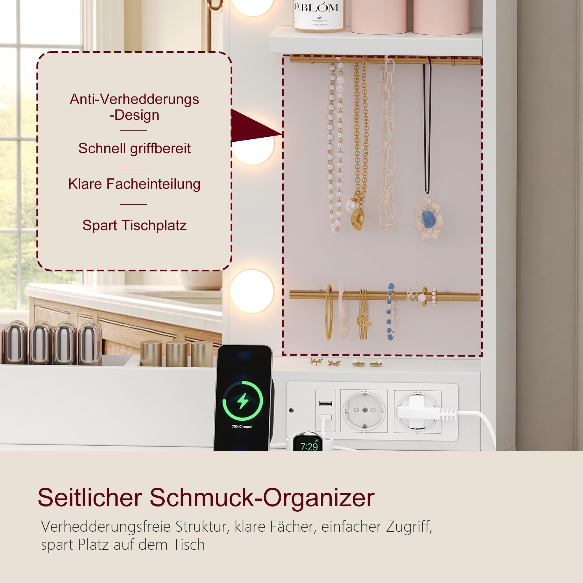 Heybly Schminktisch mit LED-Spiegel und Beleuchtung, Frisiertisch mit 6 Schubladen, 6 Ablagen, Steckdose und Schmuckaufbewahrung, Moderner Schminktisch mit Spiegel für Schlafzimmer, Weiß BDT002WT