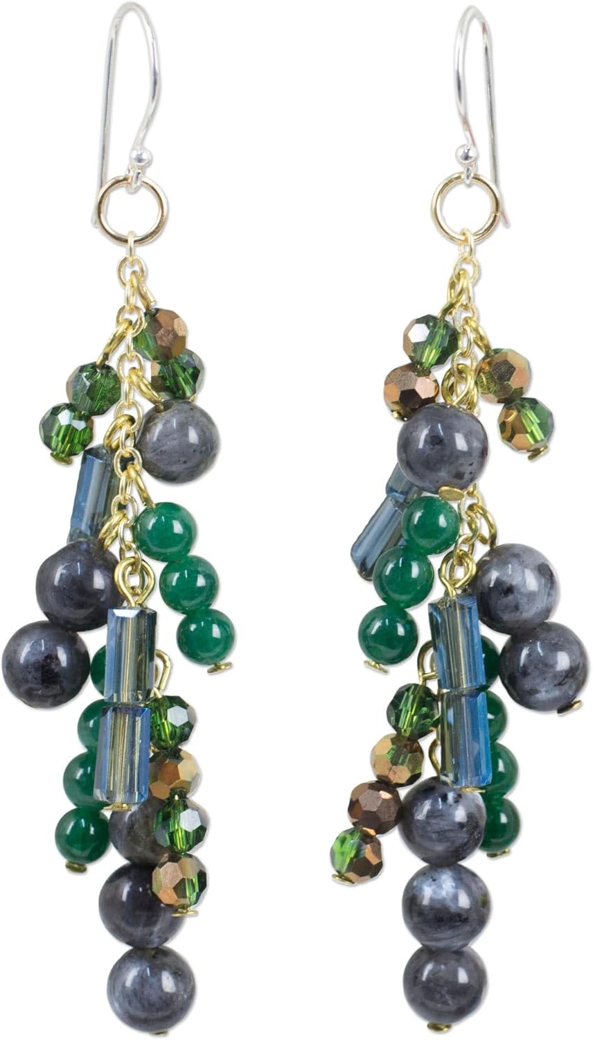 NOVICA Artisan Handmade Labradorite Waterfall Earrings Style with Quartz Beads Gold Plated Sterling Silver Glass Multicolor Grey Green Dangle Thailand Birthstone [2.9 in L x 0.8 in W] Brilliant