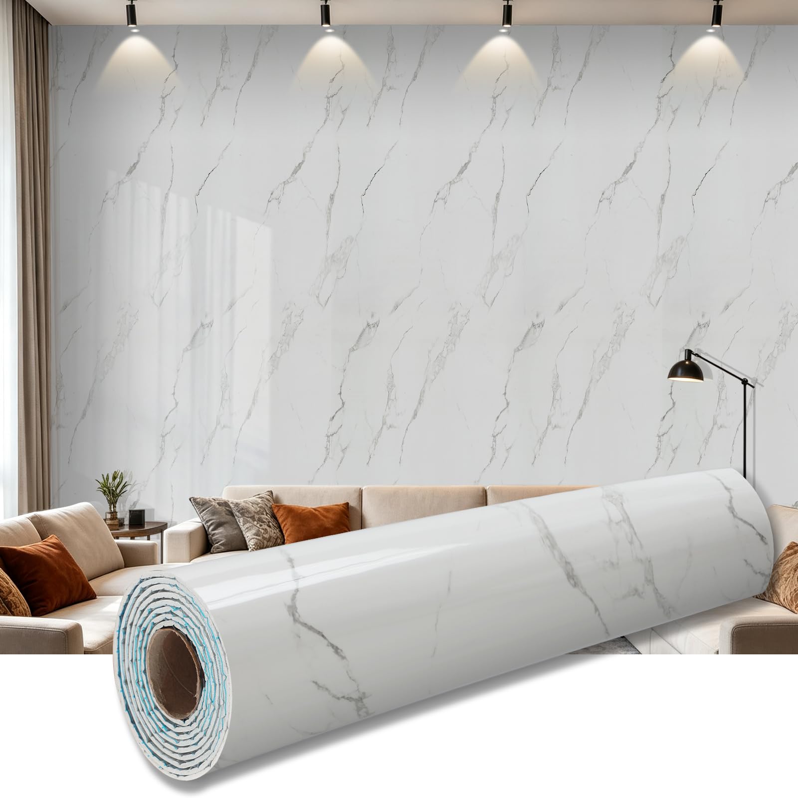 Pamatio Wall Panels Peel and Stick - 300CM Self Adhesive Wall Panels Marble-real, 2.3mm Waterproof Stick on Wallpaper PVC Decorative Thermal Covers for Living Room Feature Walls Bathroom Kitchen,White