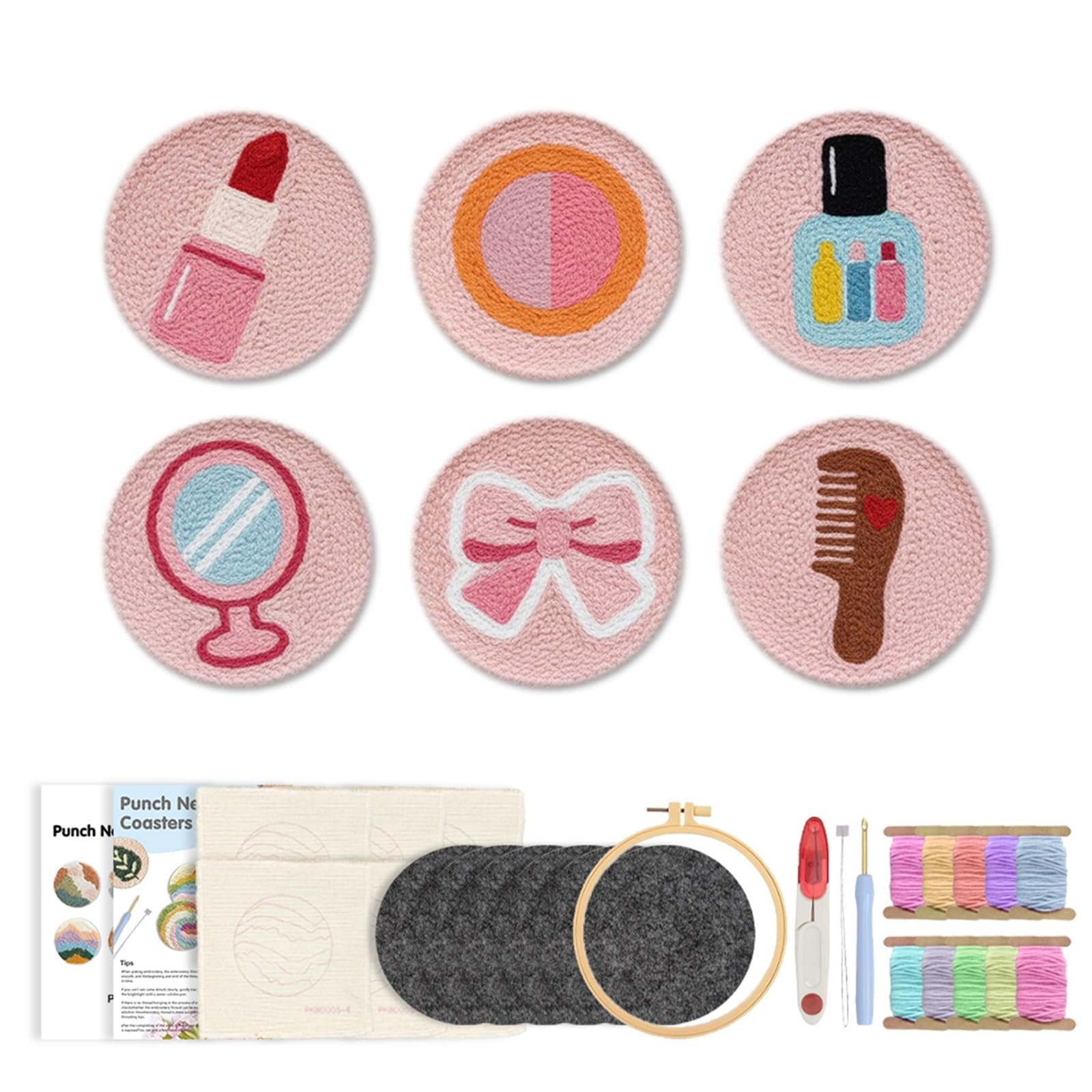 1set Punch Needle Package Coaster Yarn Embroidery Kit For Beginners Mini Cute Set Cartoon Cup Mat Home Decoration for DIY(Color5)