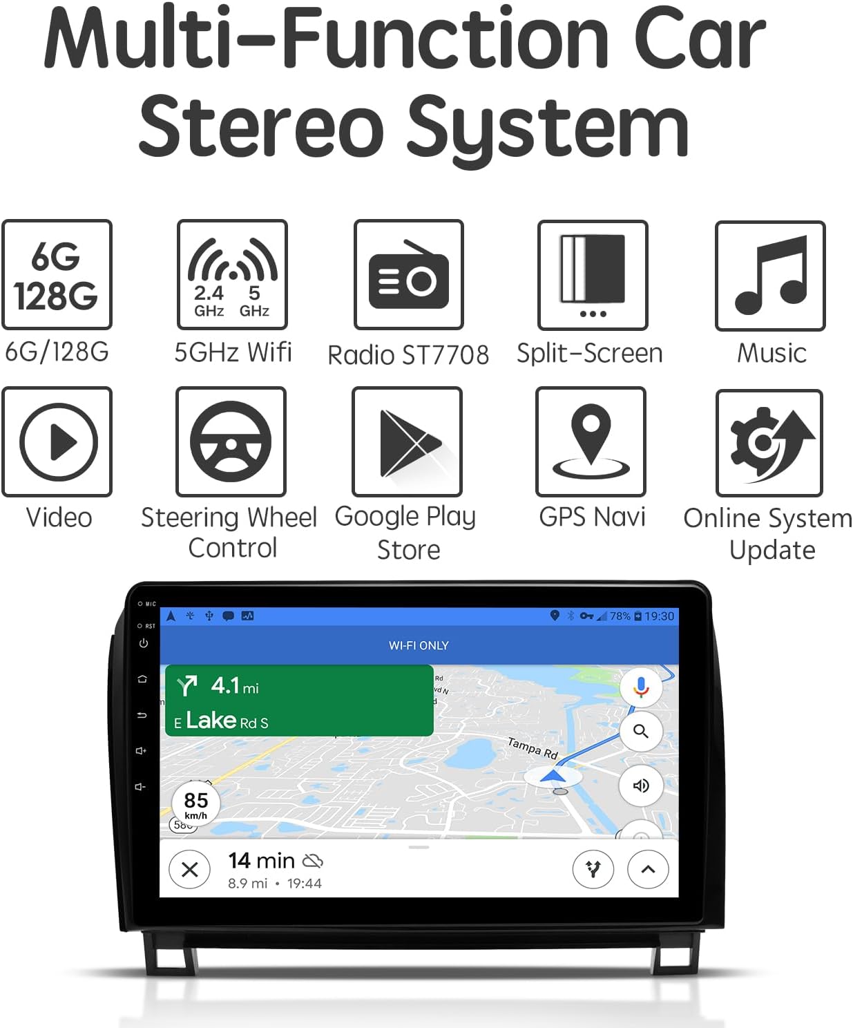 ViaBecs car stereo installed in Toyota Tundra dashboard, showing compatibility with JBL and non-JBL systems