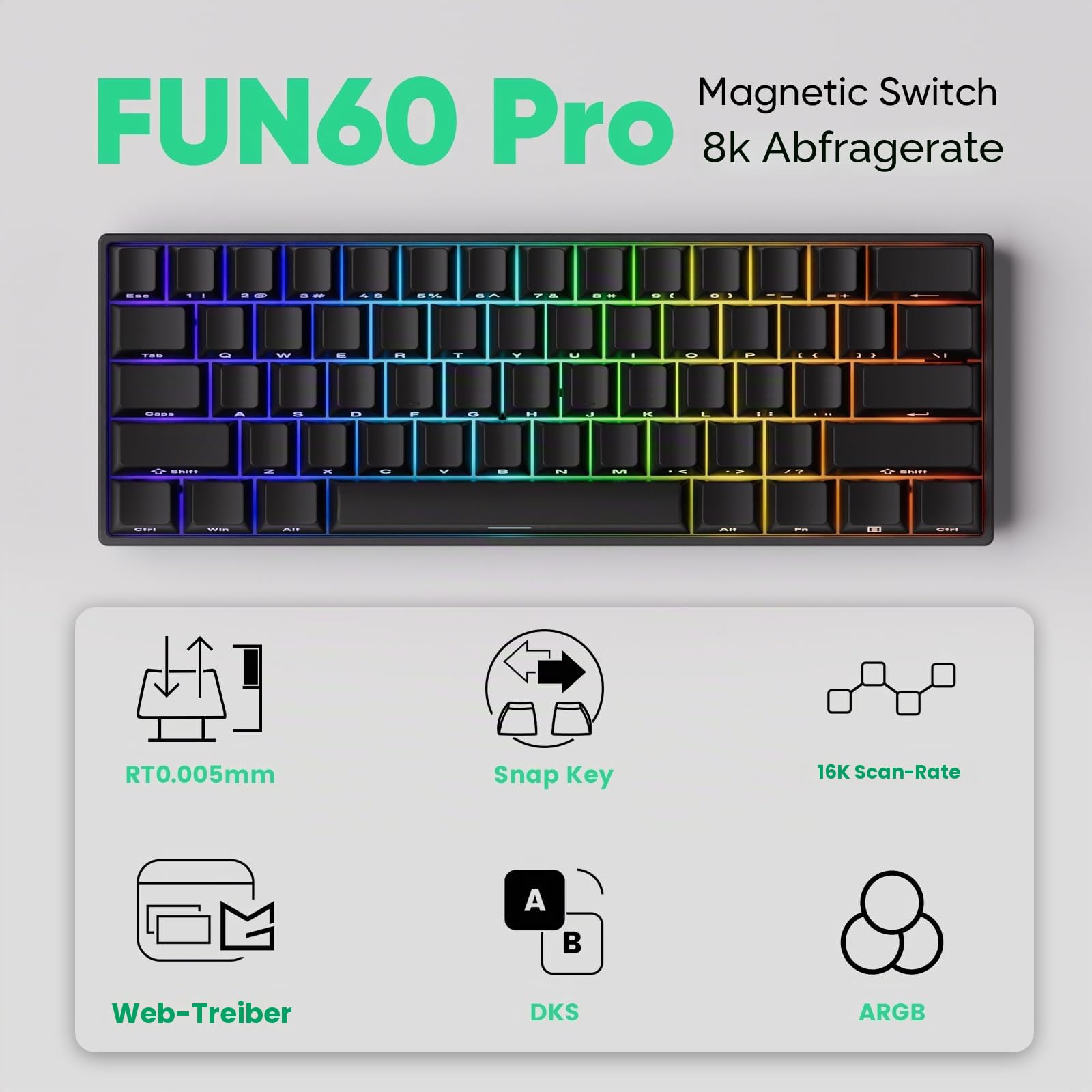 MONSGEEK FUN60 Pro Rapid Trigger Gaming-Tastatur, 8K SP Magnetschalter, HE-Tastatur, kabelgebunden, 60% durchscheinendes Schwarz (Glare Magnetschalter, US-QWERTY Layout)