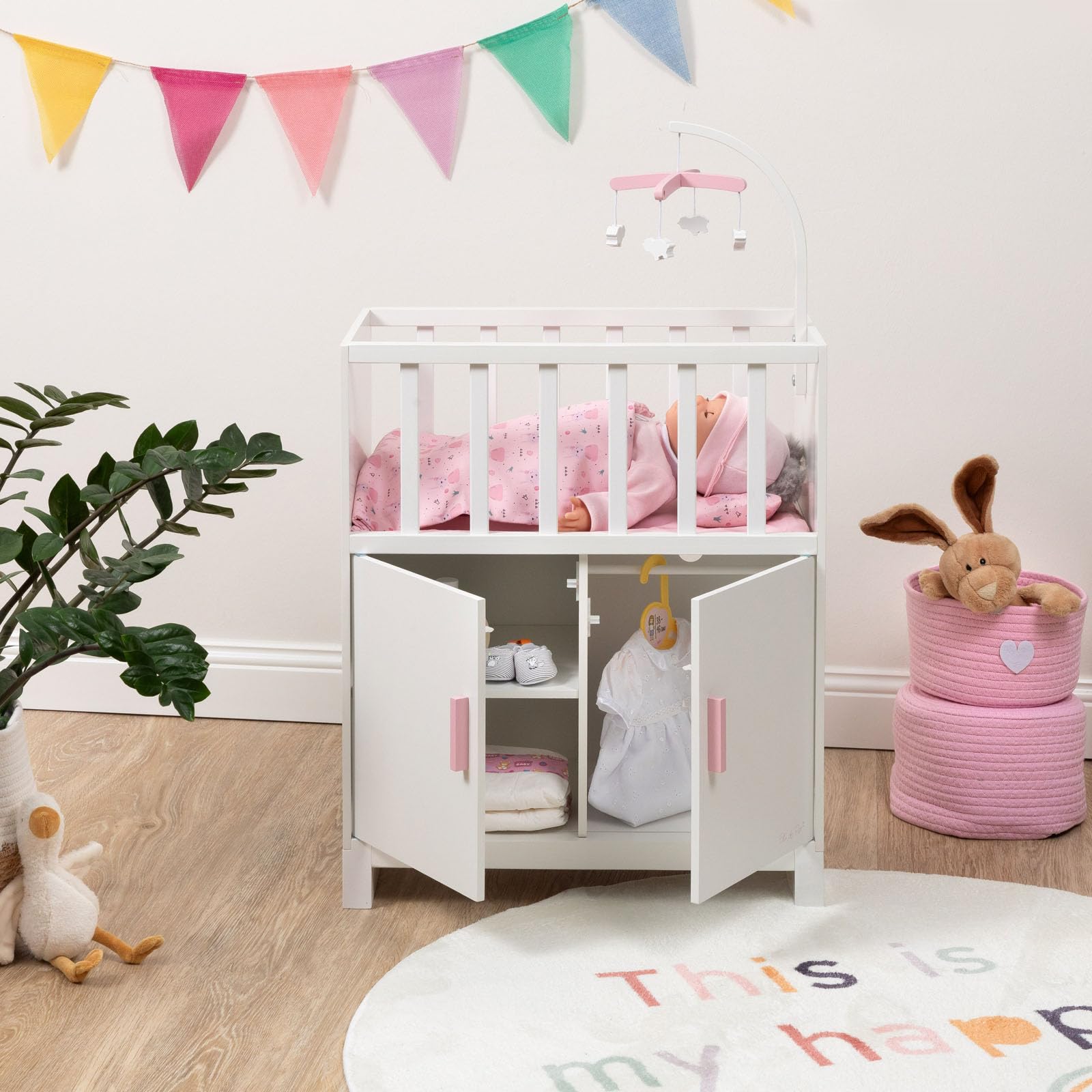 Puppenbett Cozy mit Schrank und Mobile aus Holz (Weiß-Rosa)