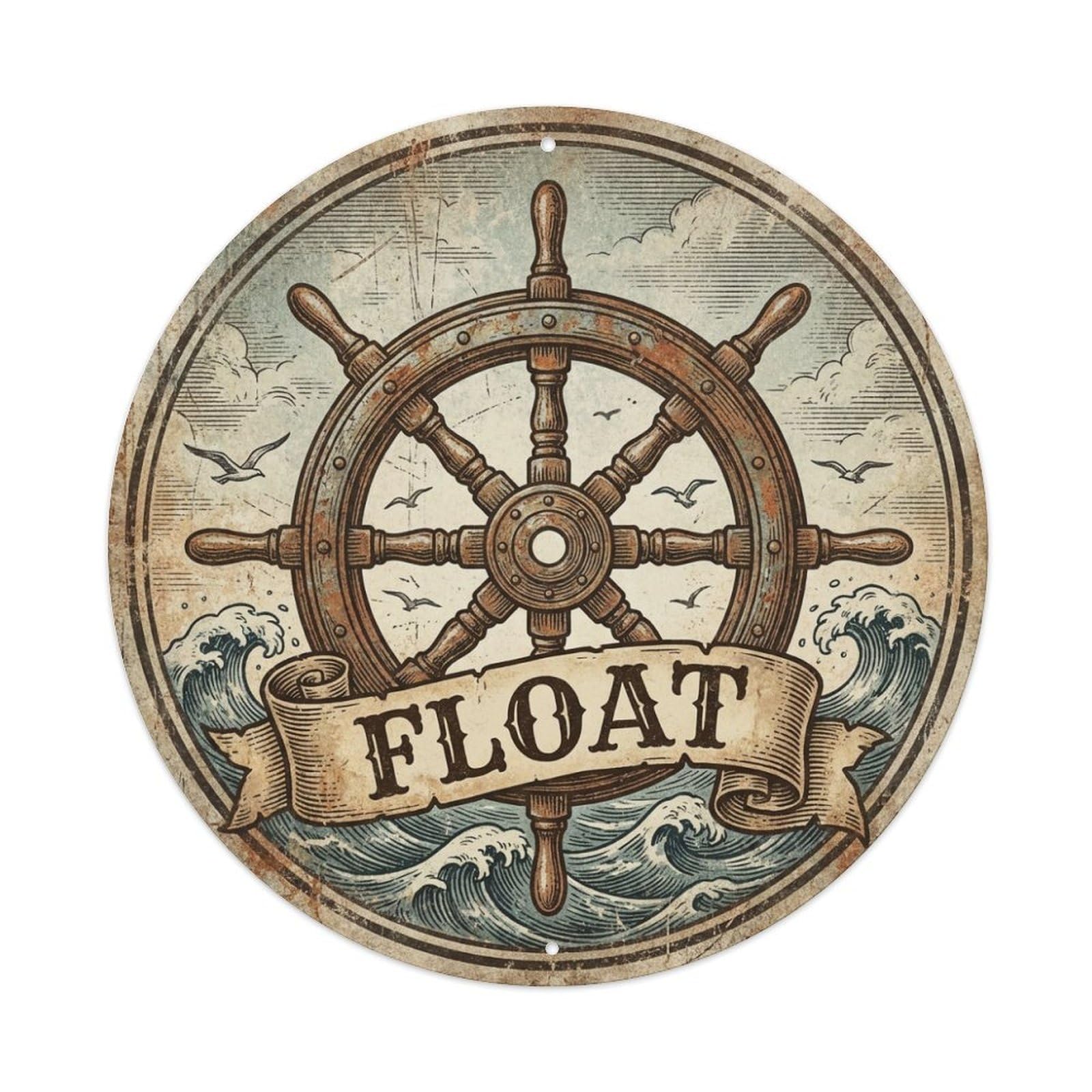 Float Ship Wheel Waves Seagulls Maritime Label Metal Tin Sign