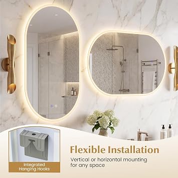 COSTWAY Bathroom Mirror with LED Lights, Oval Illuminated Backlit Wall Mounted Vanity Mirror with Anti-Fog, 3-Color Dimmable, Memory & Touch Switch, IP44 Tempered Glass Makeup Wall Mirrors (900x550mm) [Energy Class E]