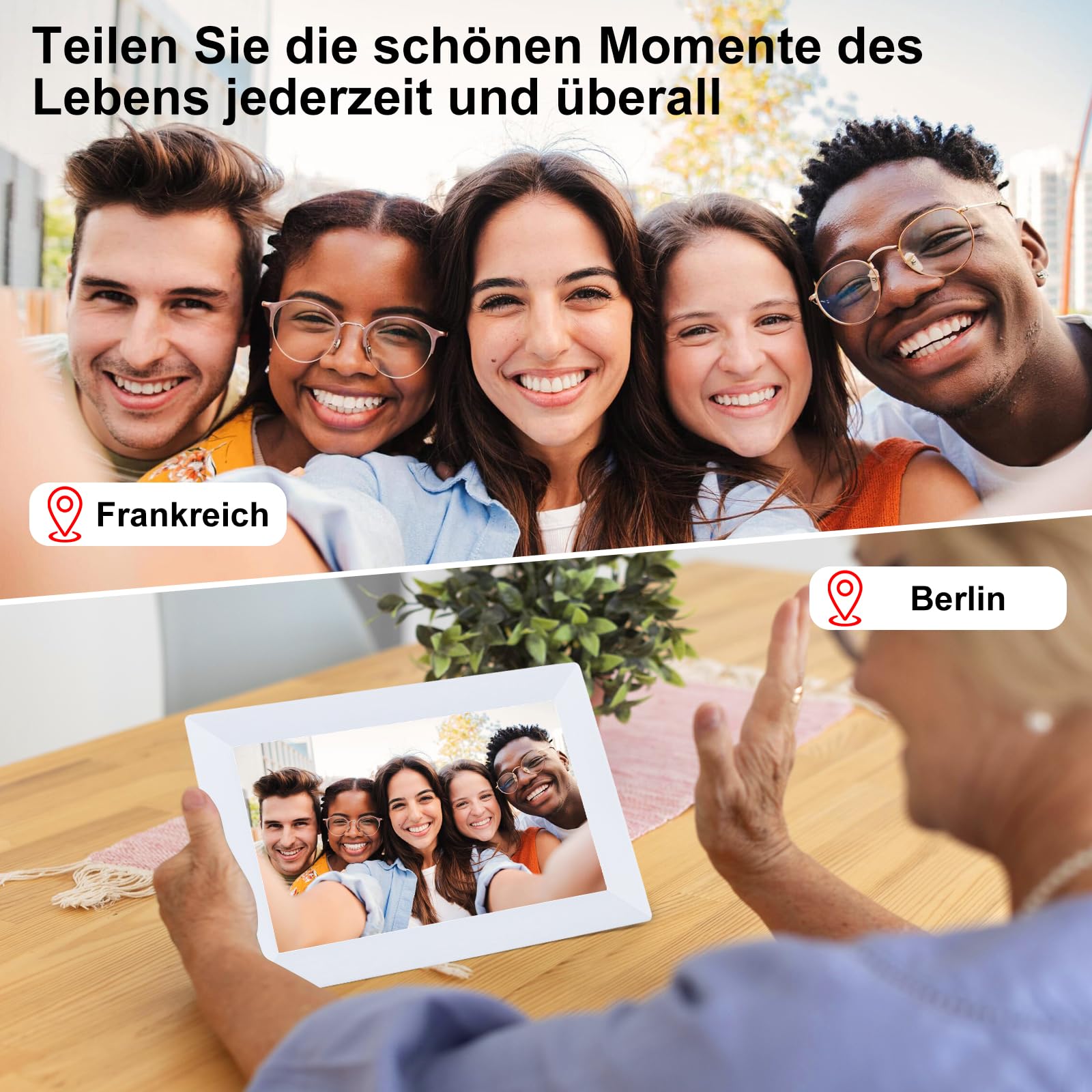 Frameo 10,1 Zoll WLAN Digitaler Bilderrahmen,1280x800 HD IPS Touchscreen Bilderrahmen,32GB Groß Speicher, Automatische Bilddrehung Unterstützt Wandmontage,Frameo APP Fotos Und Videos Jederzeit Teilen