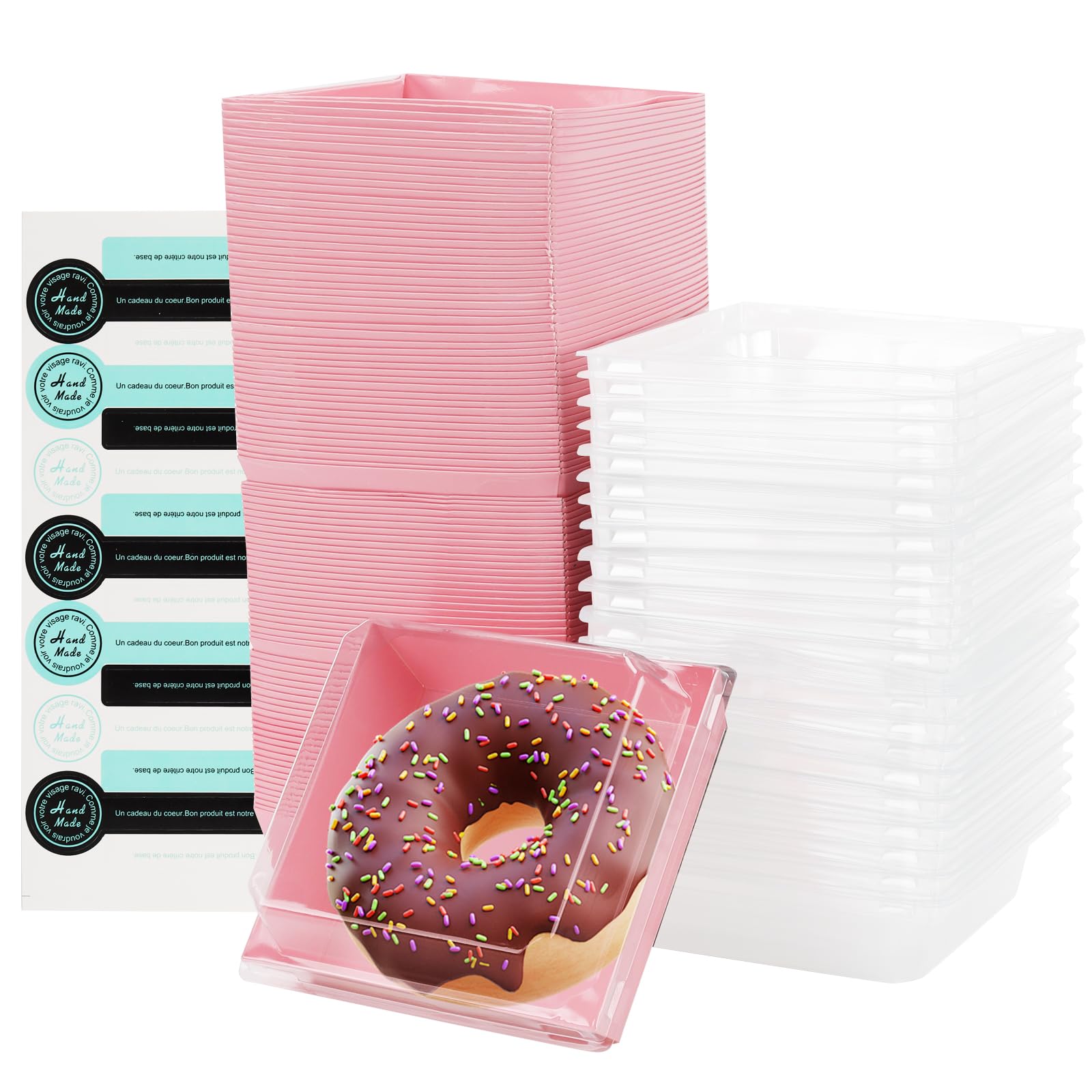 PINGEUI 100 Pcs Cake Slice Boxes with Clear Lids, 5 Inch Paper Dessert Charcuterie Box, Cake Boxes with Stickers for Cakes Portions, Sandwiches, Cookie, Pink
