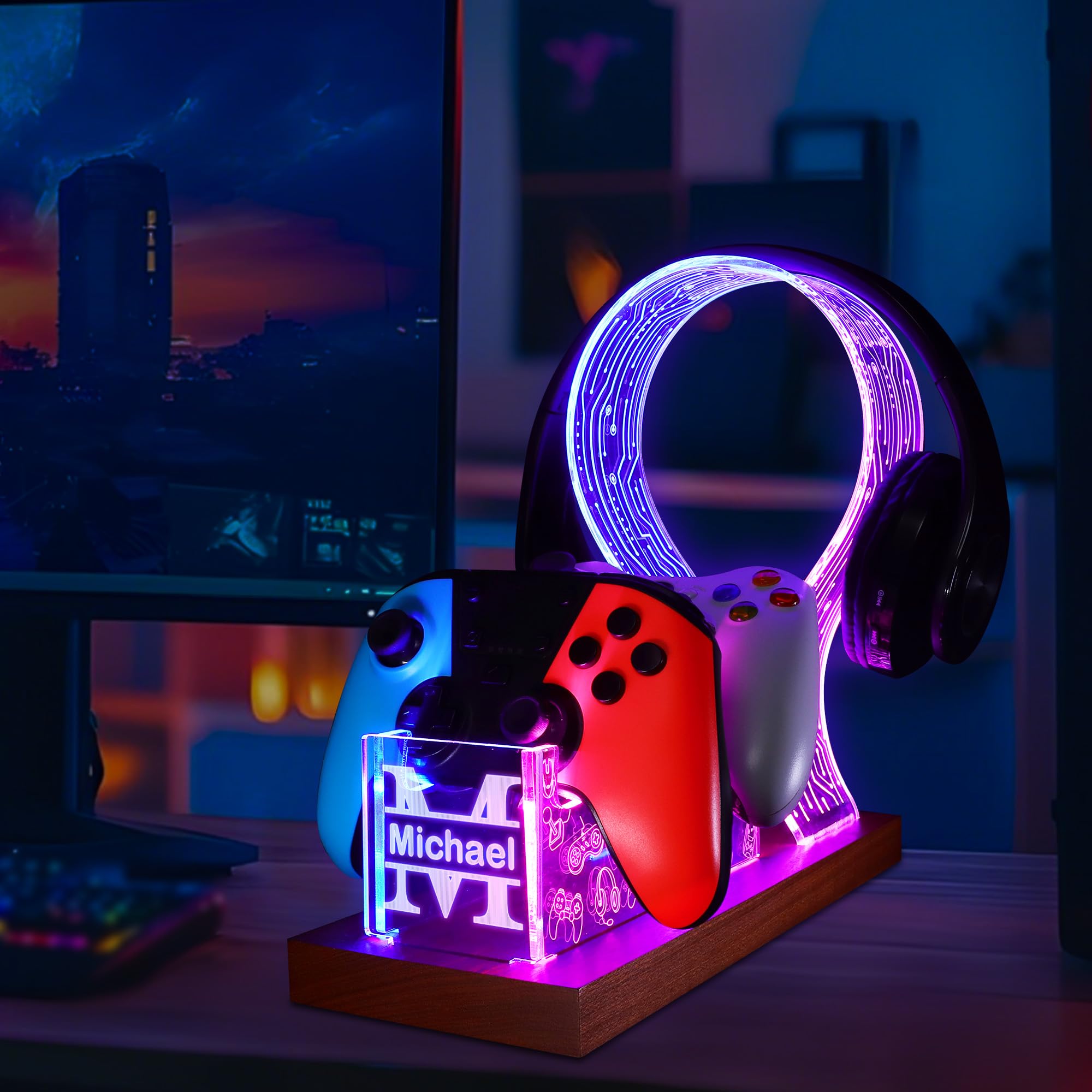 YuanDian Regalos para jugadores adolescentes, auriculares de escritorio y soporte de controlador con luz nocturna LED azul y rosa, soporte de controlador de madera acrílica con patrón de PCB, regalo