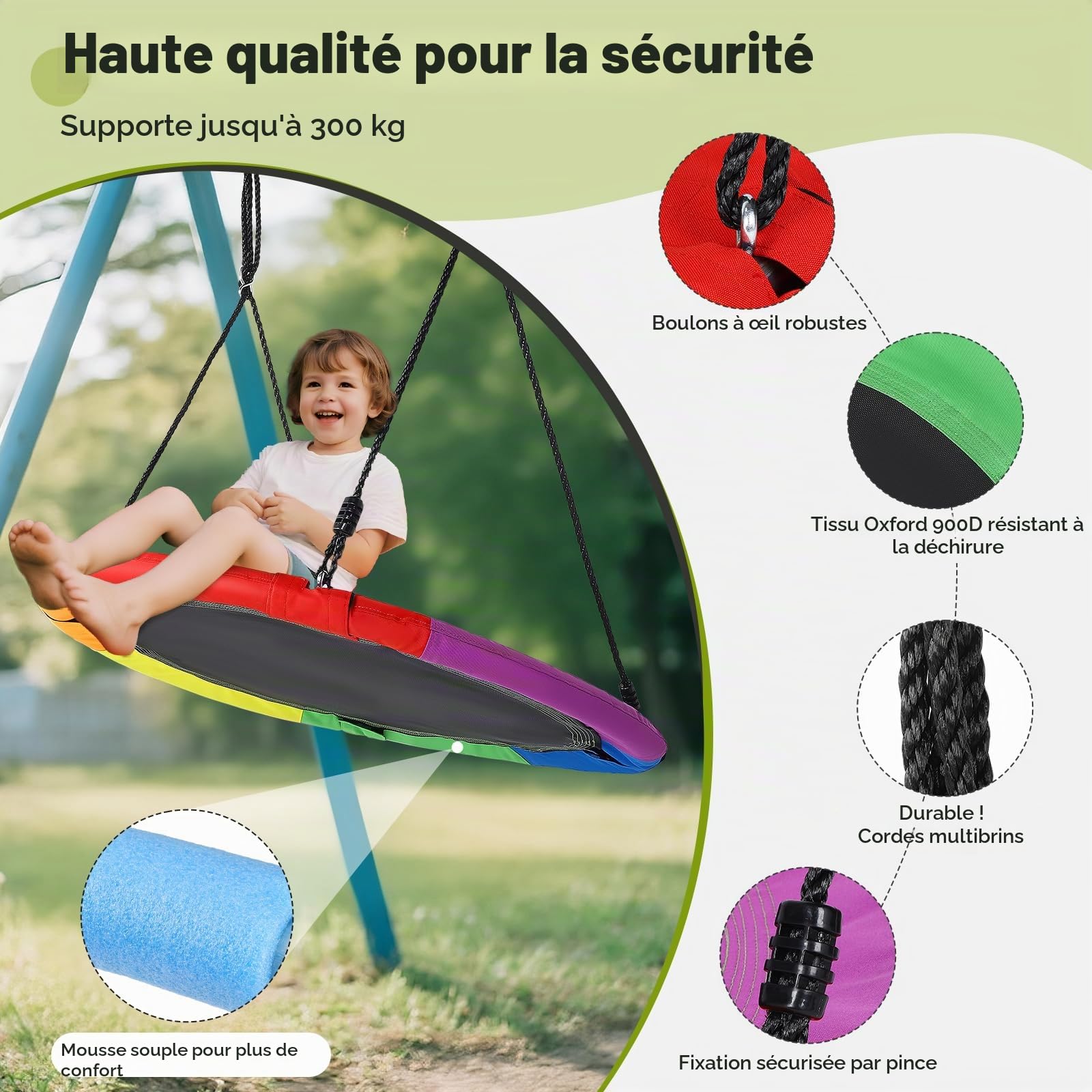Balançoire Nid & Ronde 120 cm avec Coussin Amovible, Charge maximale 300kg