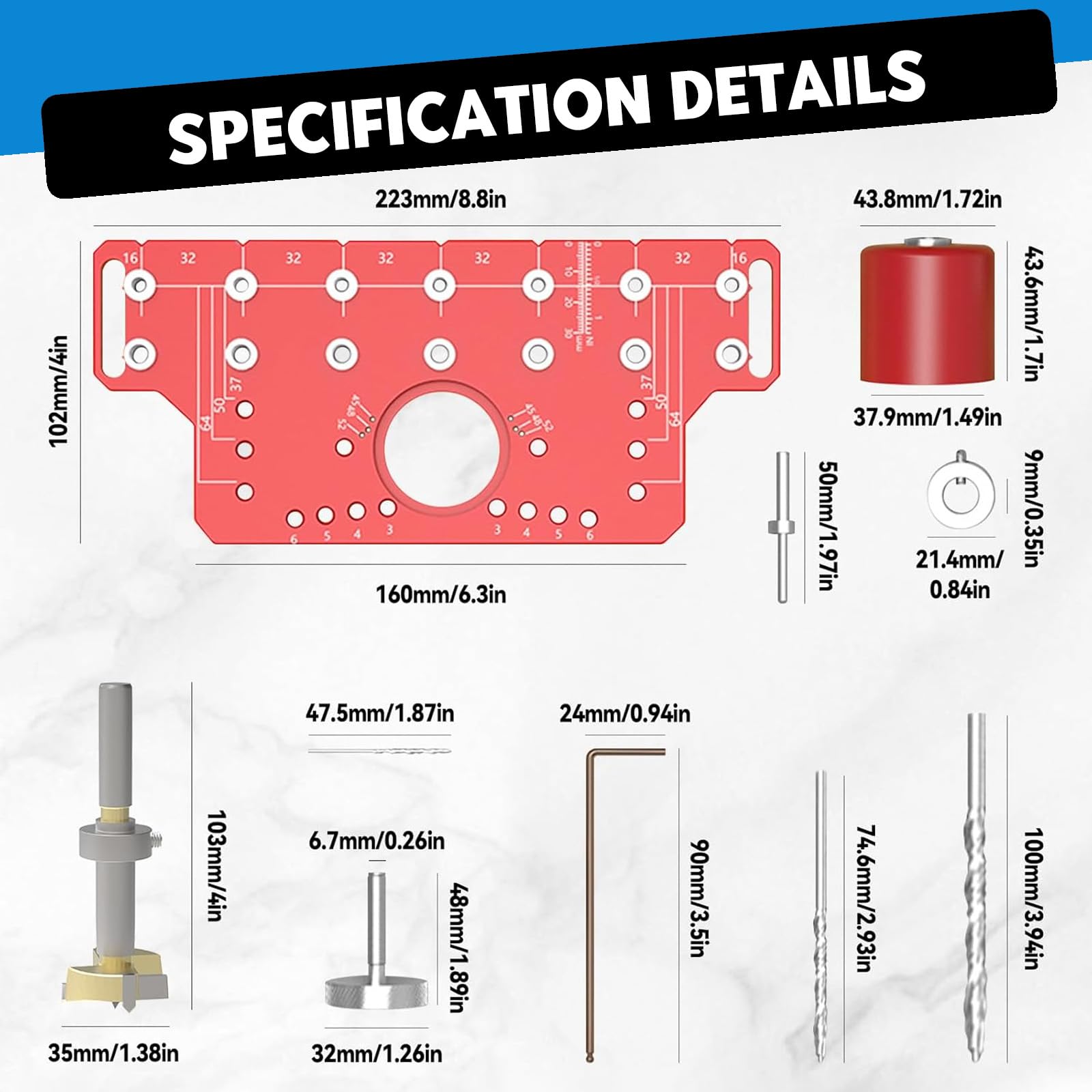 Plantilla de perforación 2 en 1 para muebles, dispositivo de perno de estante y bisagra de 35 mm, taladros de 5 mm y 1/4 pulgada