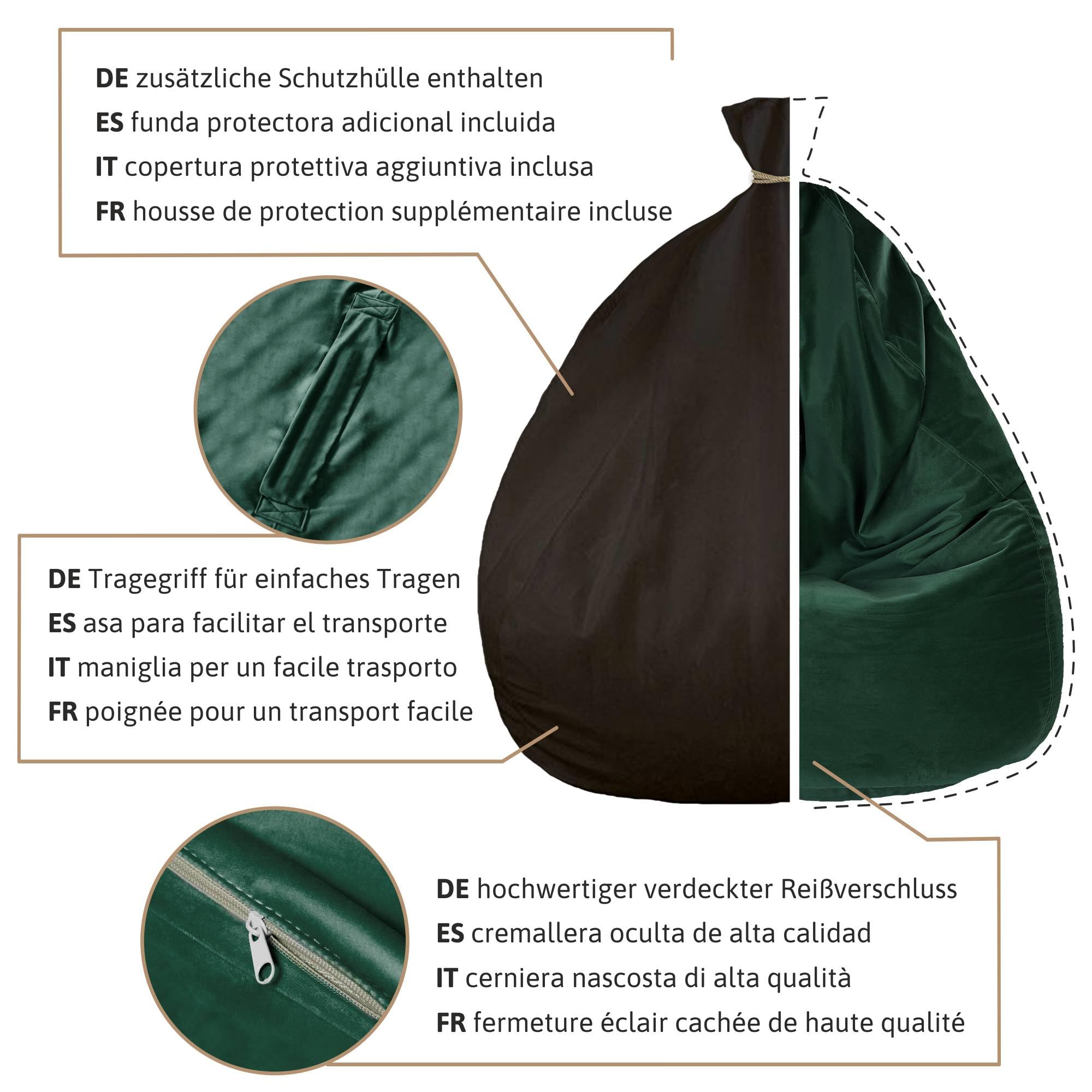Dreamroots,Bean Bag 90x90x100 Cm Sitzsack Mit Lehne Und