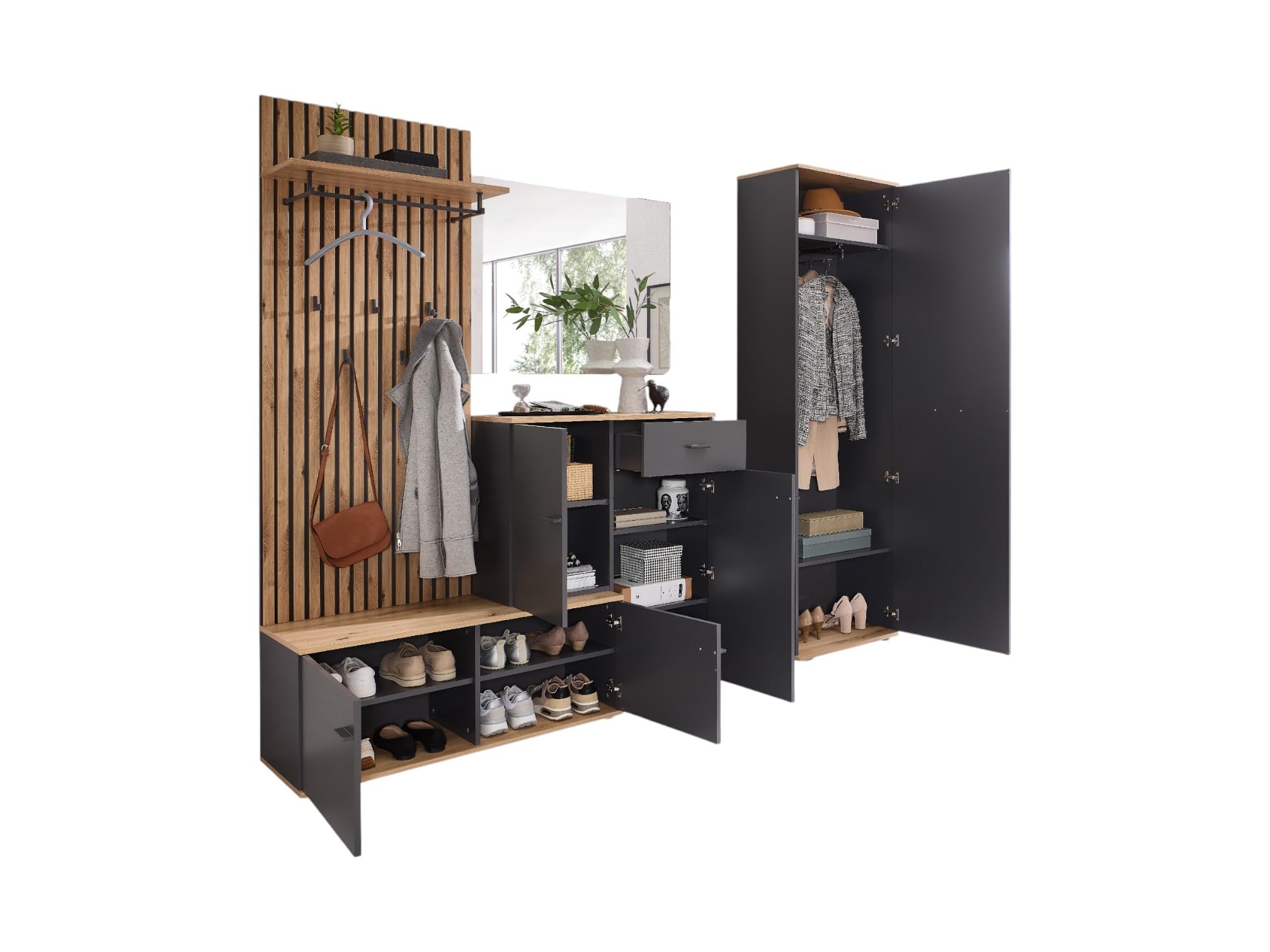 Garderoben-Set Como anthrazit/Artisan Eiche Nb. Flurgarderobe Wandgarderobe Paneel + Schuhschrank + Spiegel optional mit Hochschrank