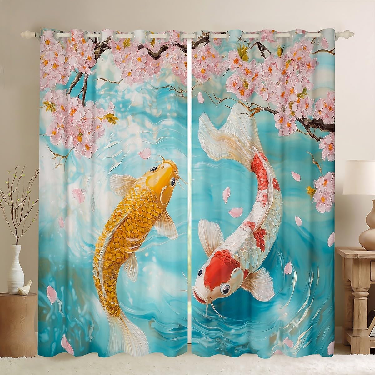 Koi Fish Window Curtains Japanese Ukiyoe Style Darkening Blackout Curtains Pink Cherry Blossom Window Treatments Wild Fish Animal Grommet Top 2 Panel Set Drapes,38Wx45L