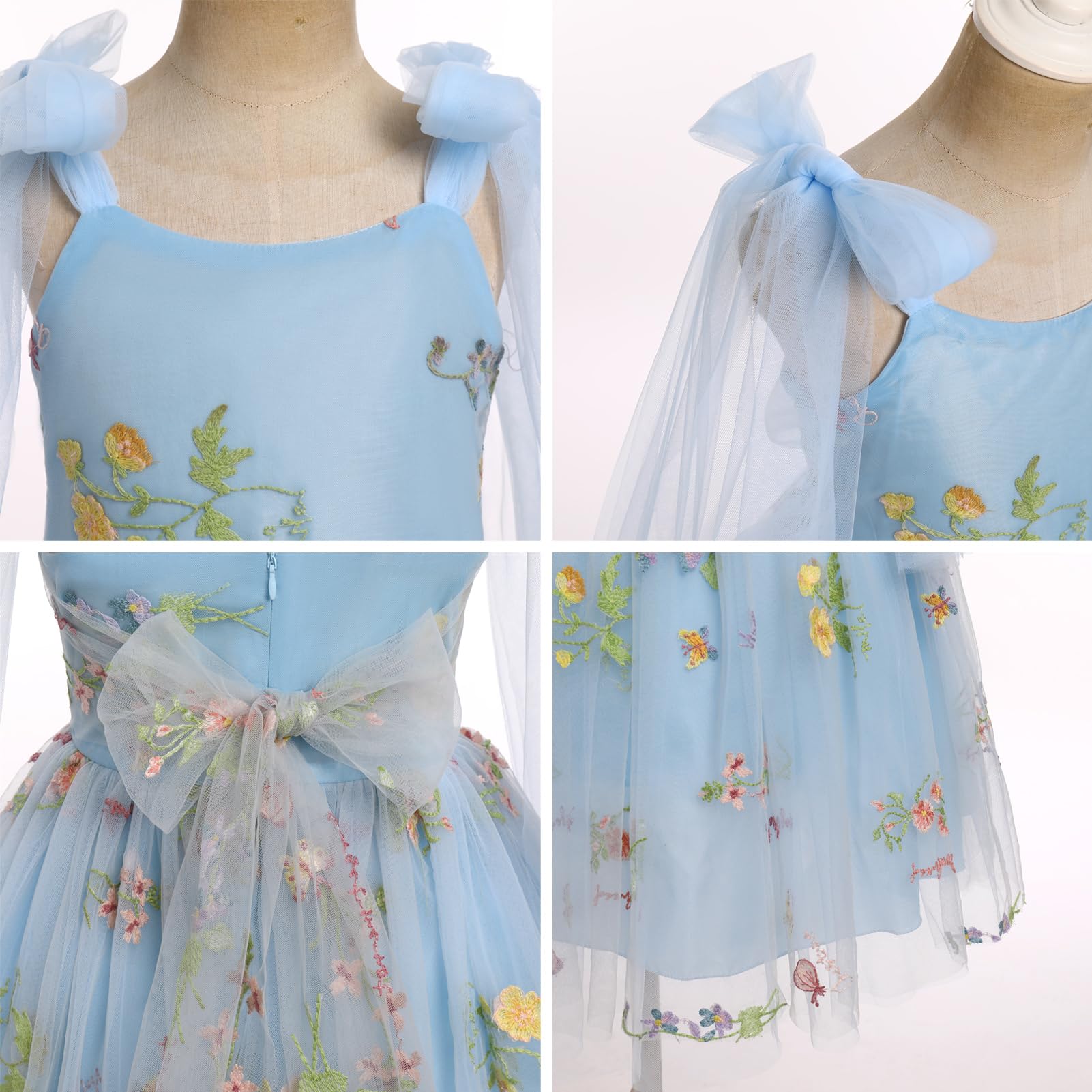 ABEHIK Robe de Fête d'anniversaire pour Enfants Filles Été avec Bretelles Spaghetti Broderie Floral Ruffle Tulle Poncho Wedding Dress