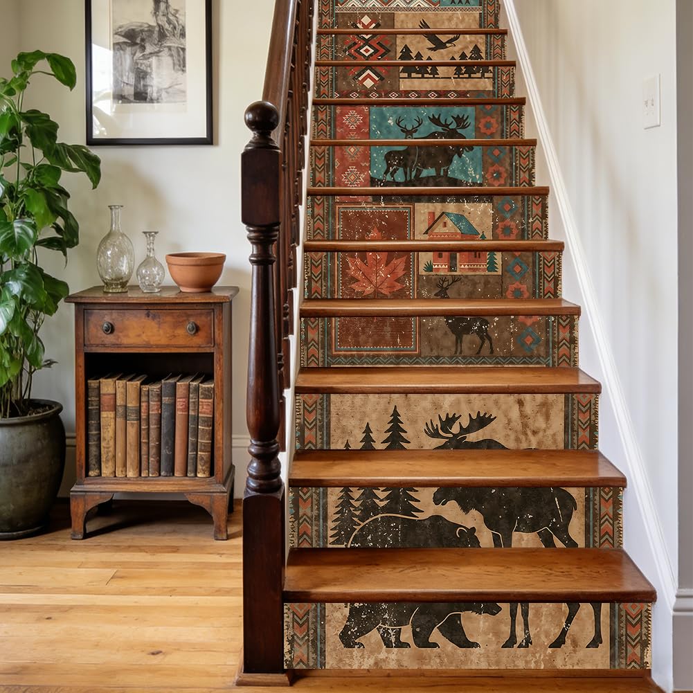TNKBREEZE 15 Strips Peel and Stick Stairs Stickers Rustic Tribal Stair Riser Decals Bear Elk Deer Removable Self-Adhesive PVC Folk Art Sticker Decor for Steps Staircase Murals Decals 39.37×7.09inch