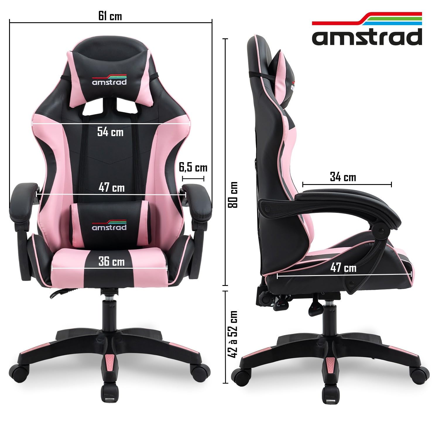 Amstrad AMS-800-PINK Fauteuil/Chaise de Bureau Gamer Coloris Noir & Rose - Coussin Lombaire & appuie tête