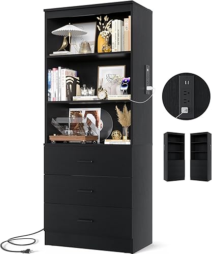 Aheaplus Estantería de 71 pulgadas con puertos USB y tomacorrientes, estantería de madera con 3 cajones y estantes abiertos, gabinete de