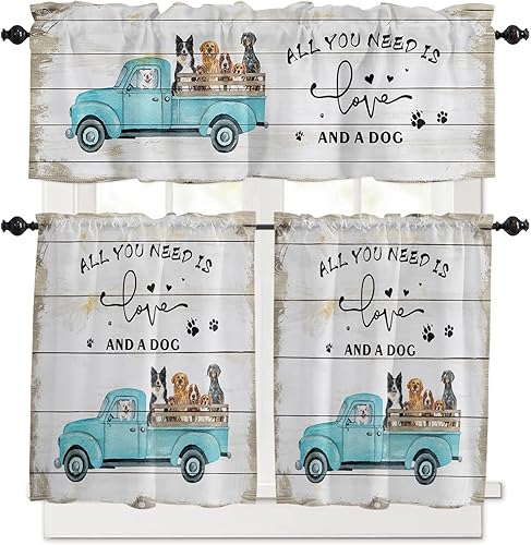 Juego de cenefas y niveles de cortina de cocina, camión azul con bolsillo para barra de perro, juego de 3 piezas de cortina de ventana de grano de
