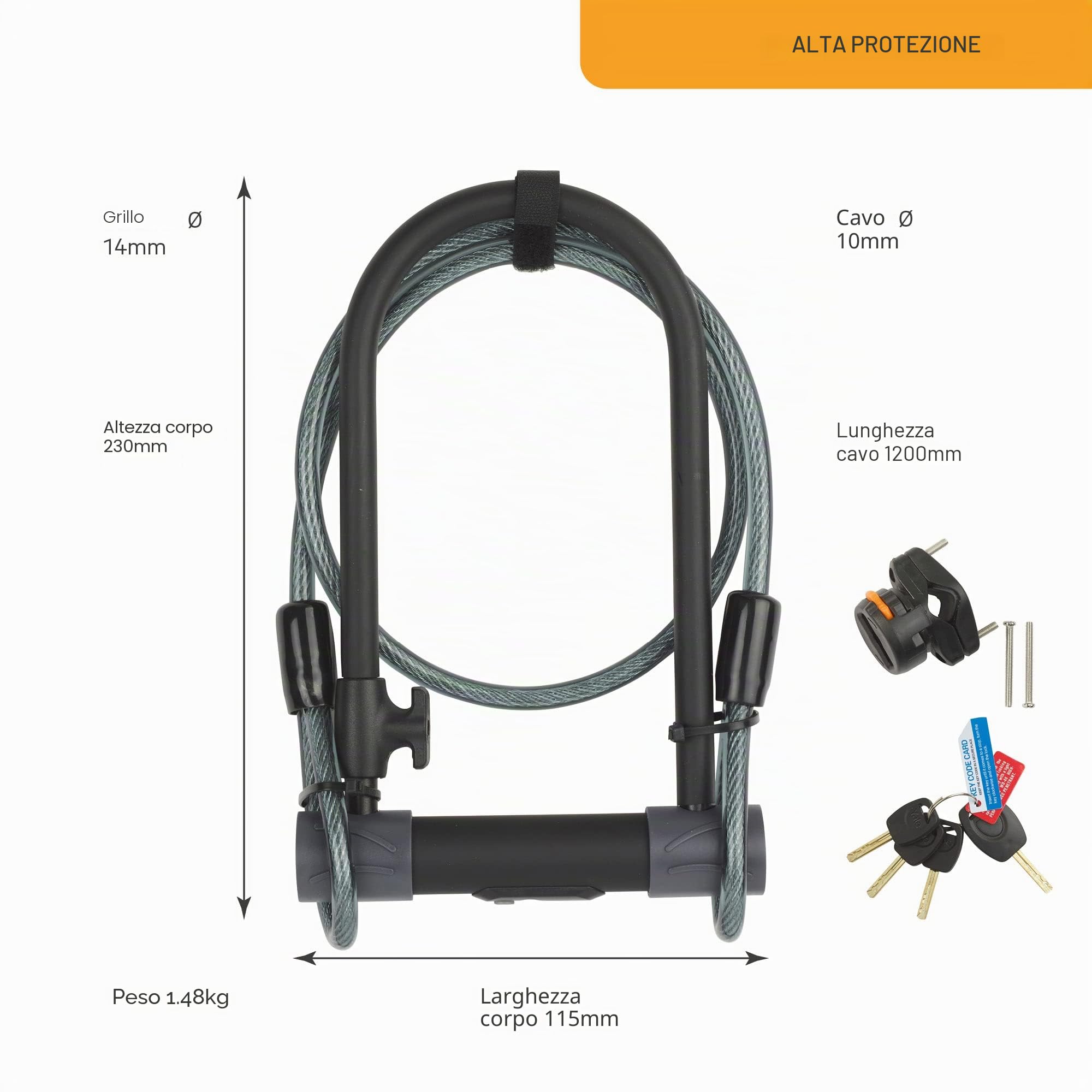 Yale Lucchetto ad Arco Alta Sicurezza con Cavo YUL2C/13/230/1 Acciaio Temprato con Staffa per Bici e 4 Chiavi