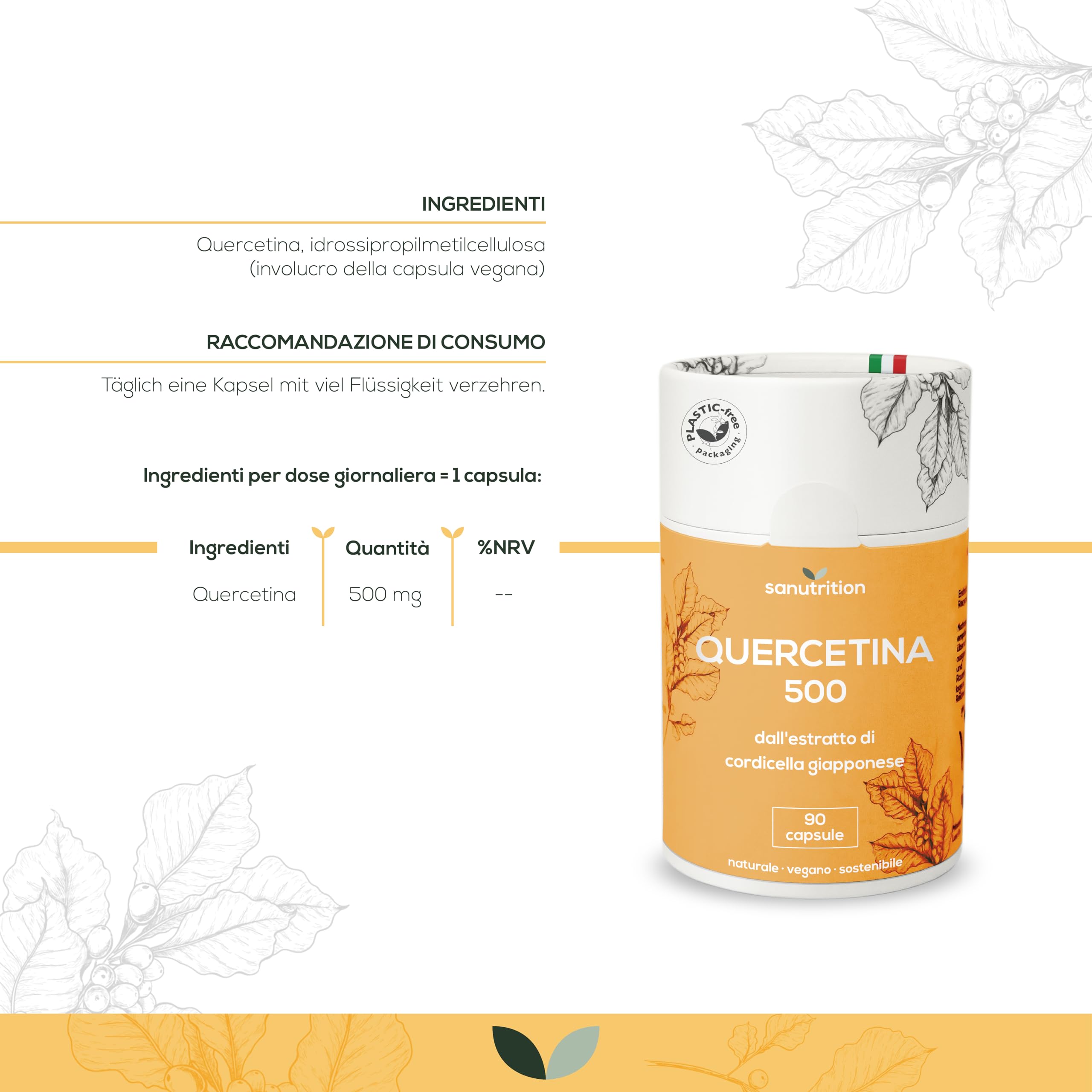 Quercetina 500 mg per capsula | 90 capsule | Altamente dosata | Da estratto di fiori di cordicella giapponese | Buona biodisponibilità e tollerabilità | Vegan