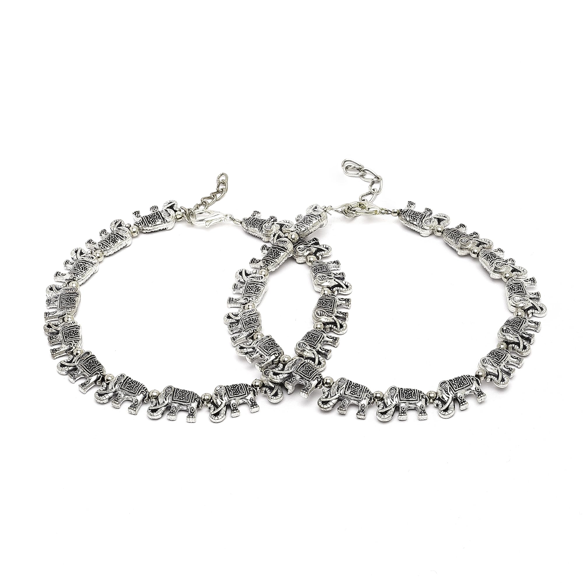 sanjog German Oxidised Silver Charm Anklets Pair for Women, Nature Tribal Style with Elepant Carvings (Set of 2)-picture-10