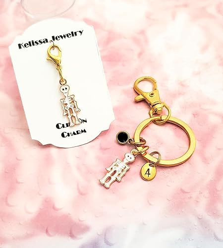 Miniatura 6 de White Skeleton Keychain or Zipper Pull, White Skeleton Keyring, Optional Initial and Birthstone, White Skeleton with Gold Base (2. Skeleton Keychain)